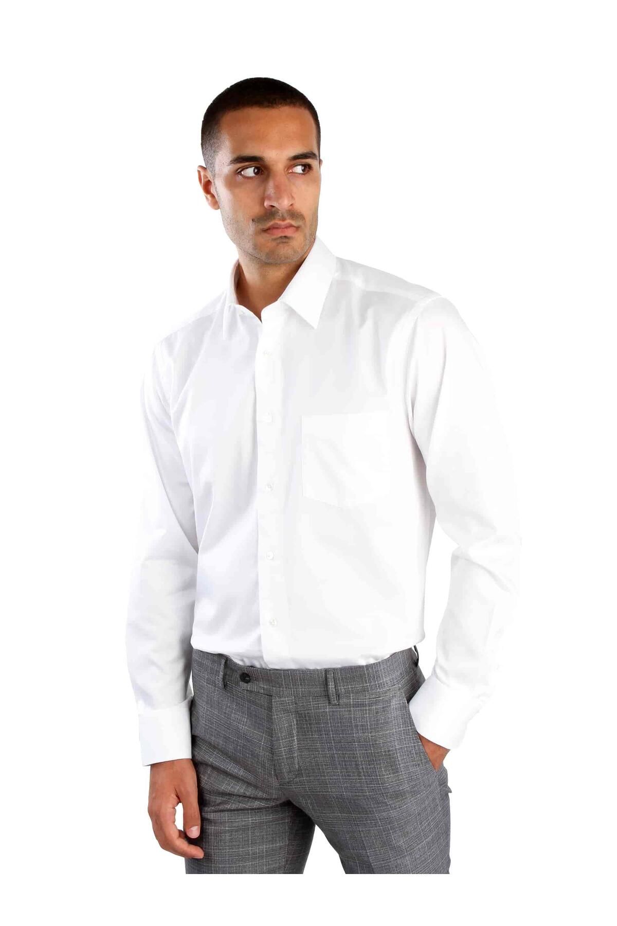 Dufy Beyaz Erkek Büyük Beden Düz Brent Yaka Uzun Kol Gömlek - 52665