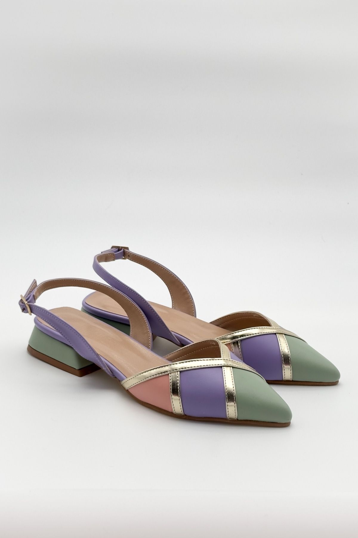 Shoebutik Garni Gold Detaylı Mint Yeşil Lila Kadın Topuklu Ayakkabı
