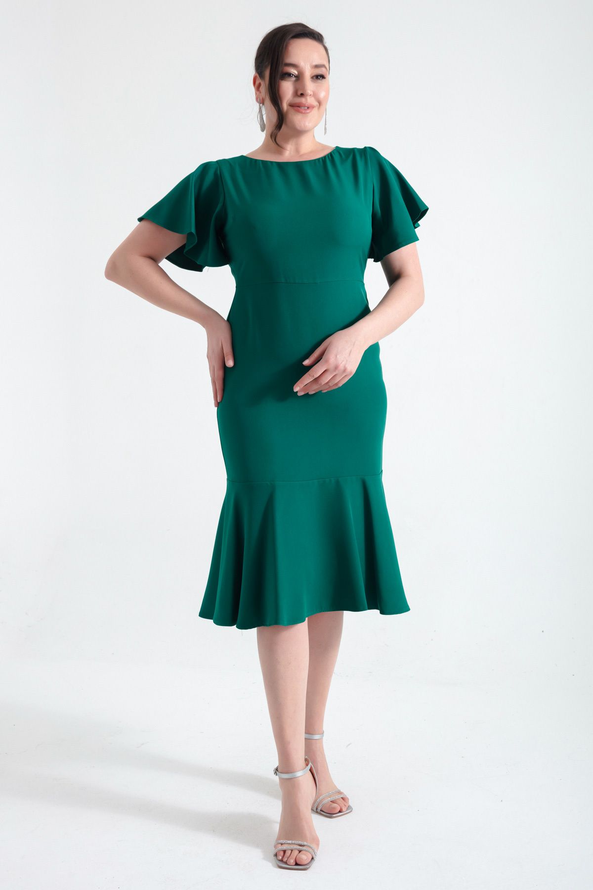 Lafaba Kadın Zümrüt Yeşili Büyük Beden Volanlı Elbise