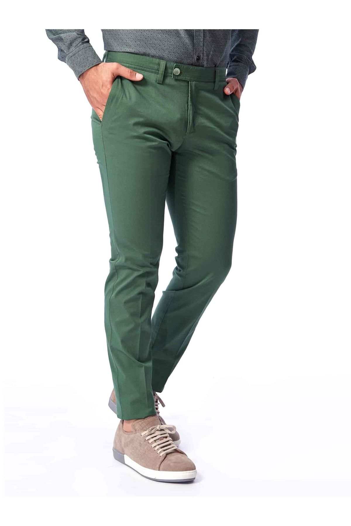 Dufy Yeşil Erkek Slim Fit Düz Kanvas Pantolon - 38770