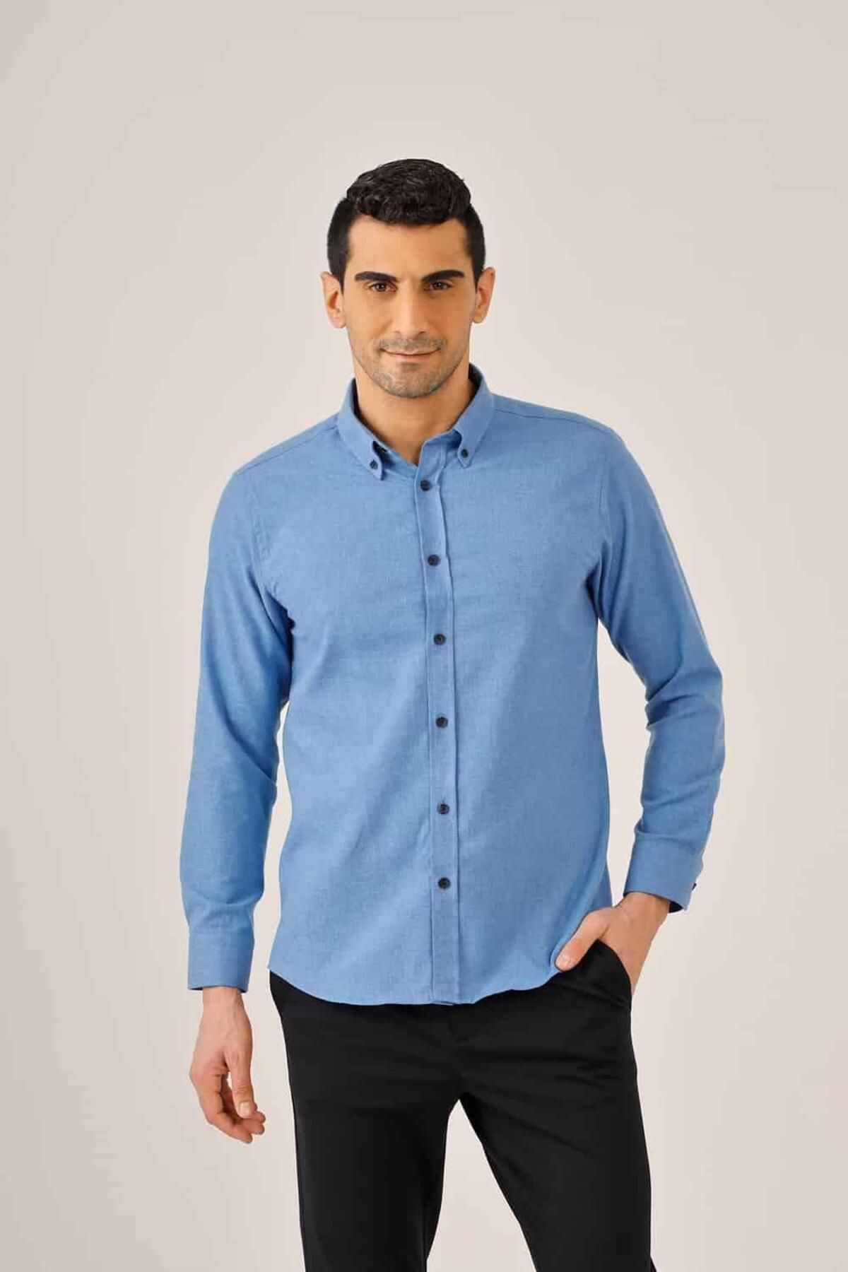 Dufy Koyu Mavi Erkek Slim Fit Oxford Brent Düğmeli Yaka Uzun Kol Gömlek - 90534