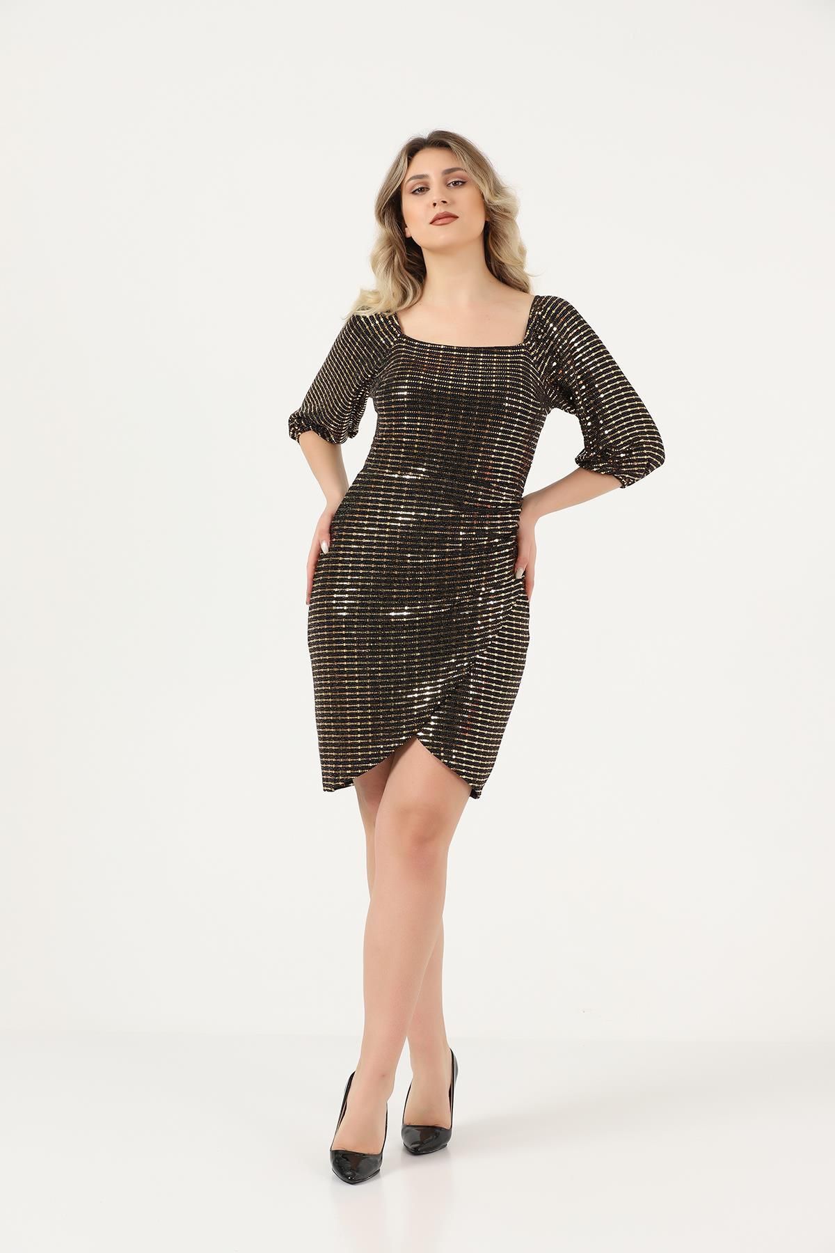 Ceylen Kare Yaka Lastikli Yarım Kol Eteği Anvelop Mini Elbise