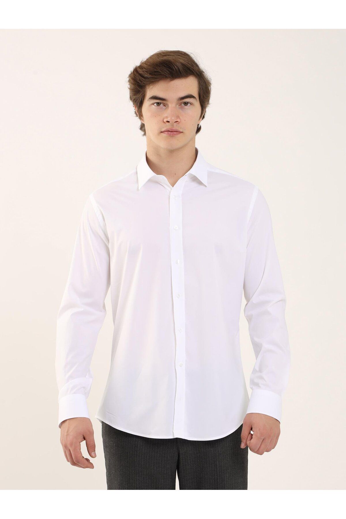 Dufy Beyaz Erkek Slim Fit Klasik Yaka Uzun Kol Gömlek - 103129