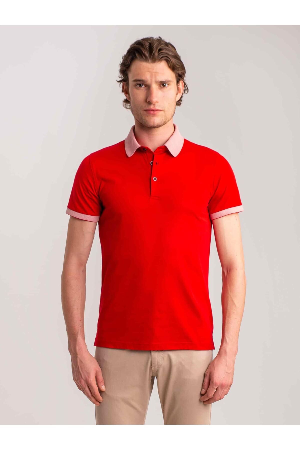 Dufy Kırmızı Erkek Slim Fit Düz Casual Polo Yaka Tshirt - 55006