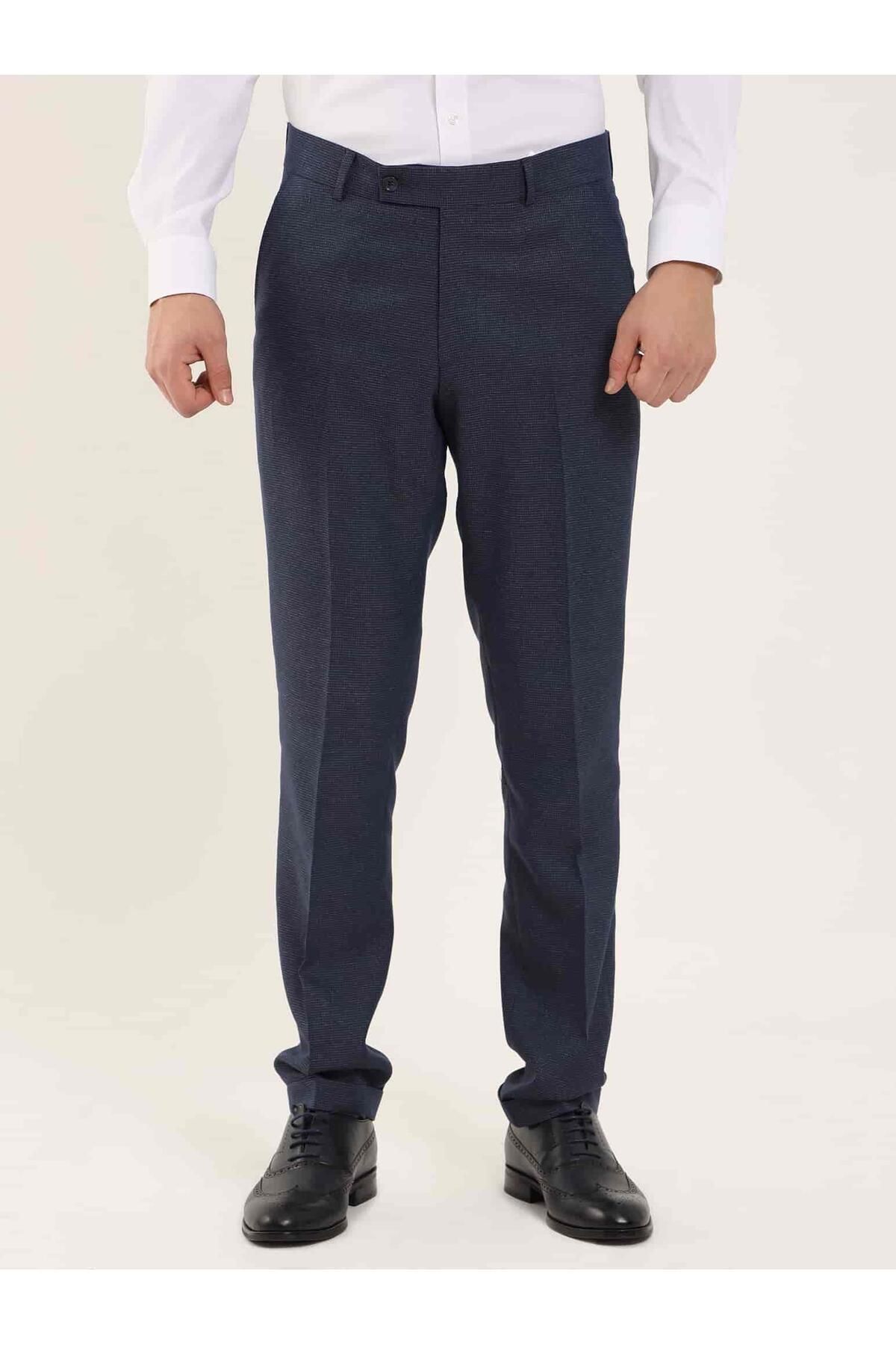 Dufy Lacivert Erkek Slim Fit Melanj Desenli Klasik Pantolon - 97641