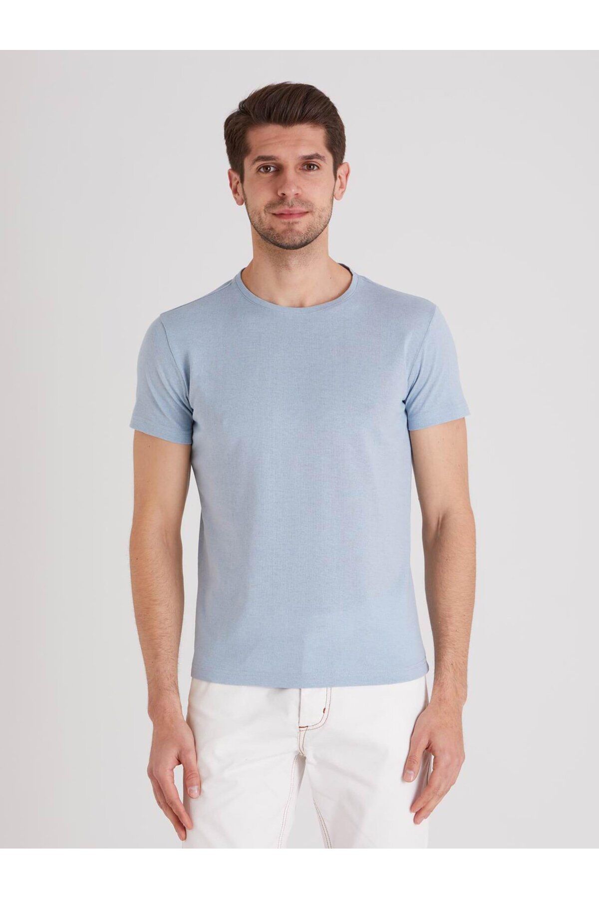 Dufy Açık Mavi Erkek Slim Fit Düz Bisiklet Yaka Tshirt - 69568