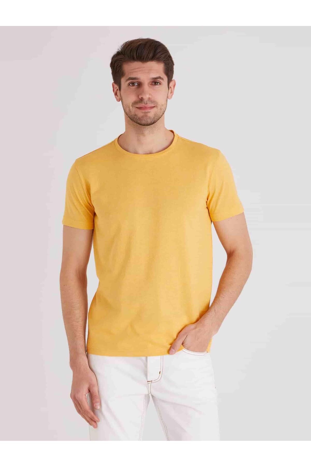 Dufy Sarı Erkek Slim Fit Düz Bisiklet Yaka Tshirt - 69578