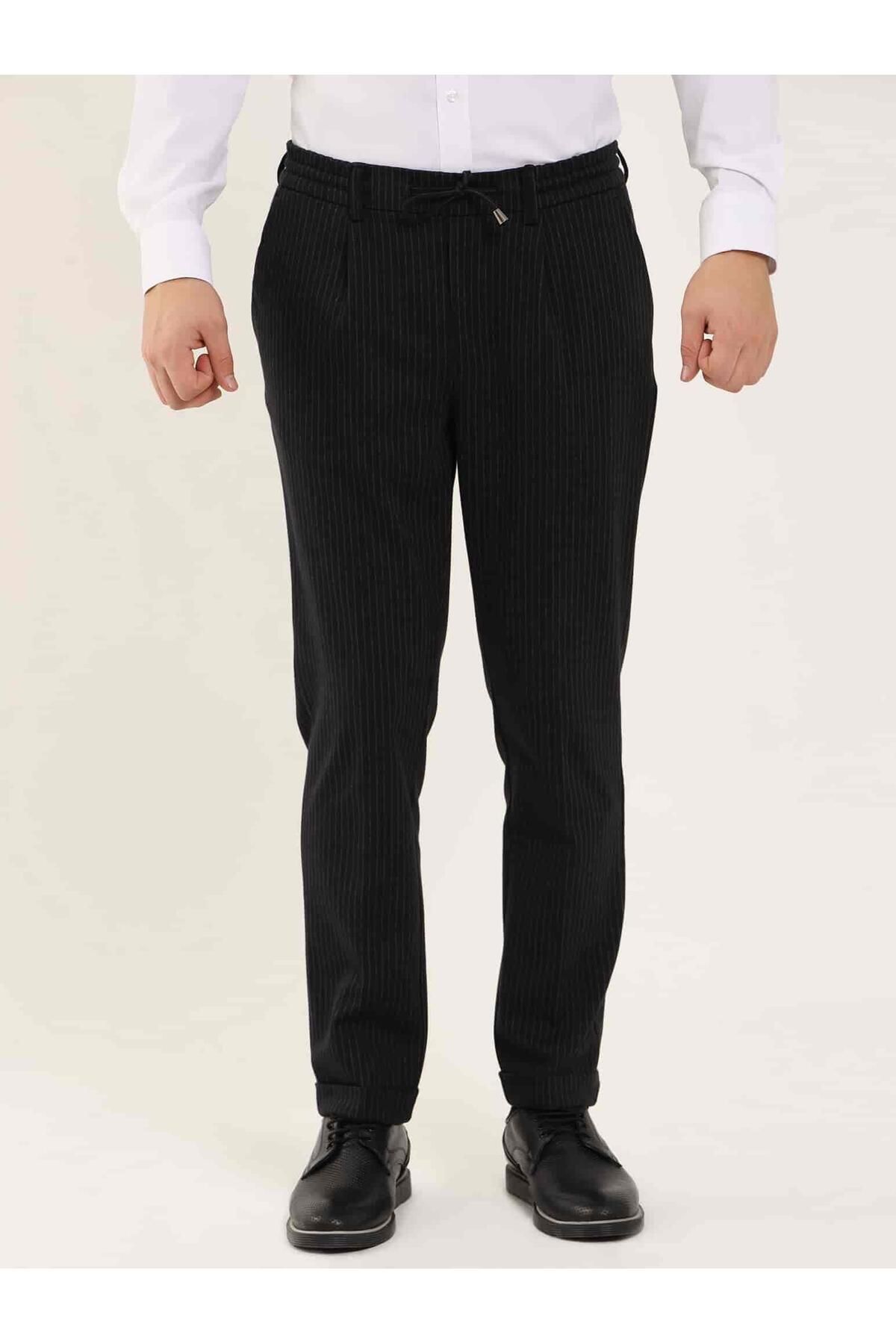 Dufy Siyah Erkek Slim Fit Çizgili Klasik Pantolon - 97676