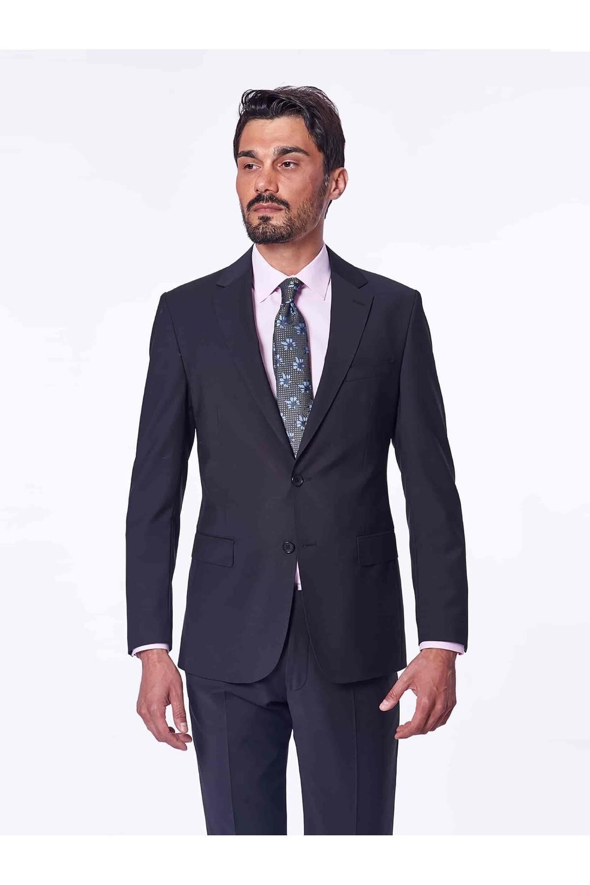 Dufy Siyah Erkek Regular Fit Düz Klasik Mono Yaka Takım Elbise - 40753