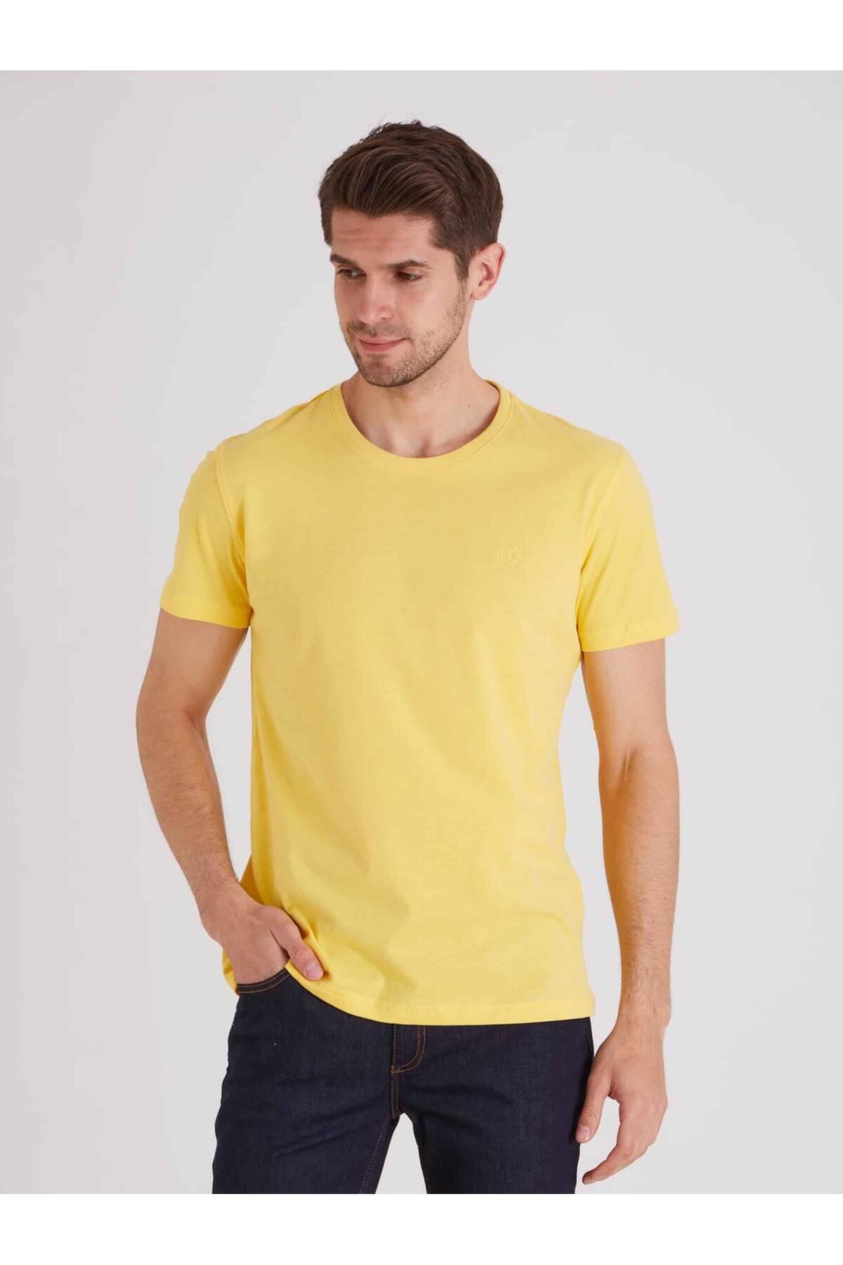 Dufy Sarı Erkek Slim Fit Baskılı Bisiklet Yaka Tshirt - 63040