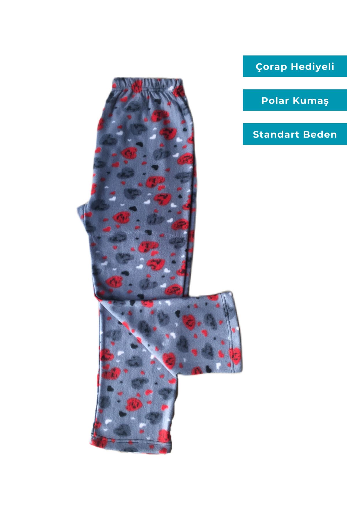 Ece Kadın Kalpli Desenli Polar Pijama Alt Standart Battal Beden Çorap Hediyeli