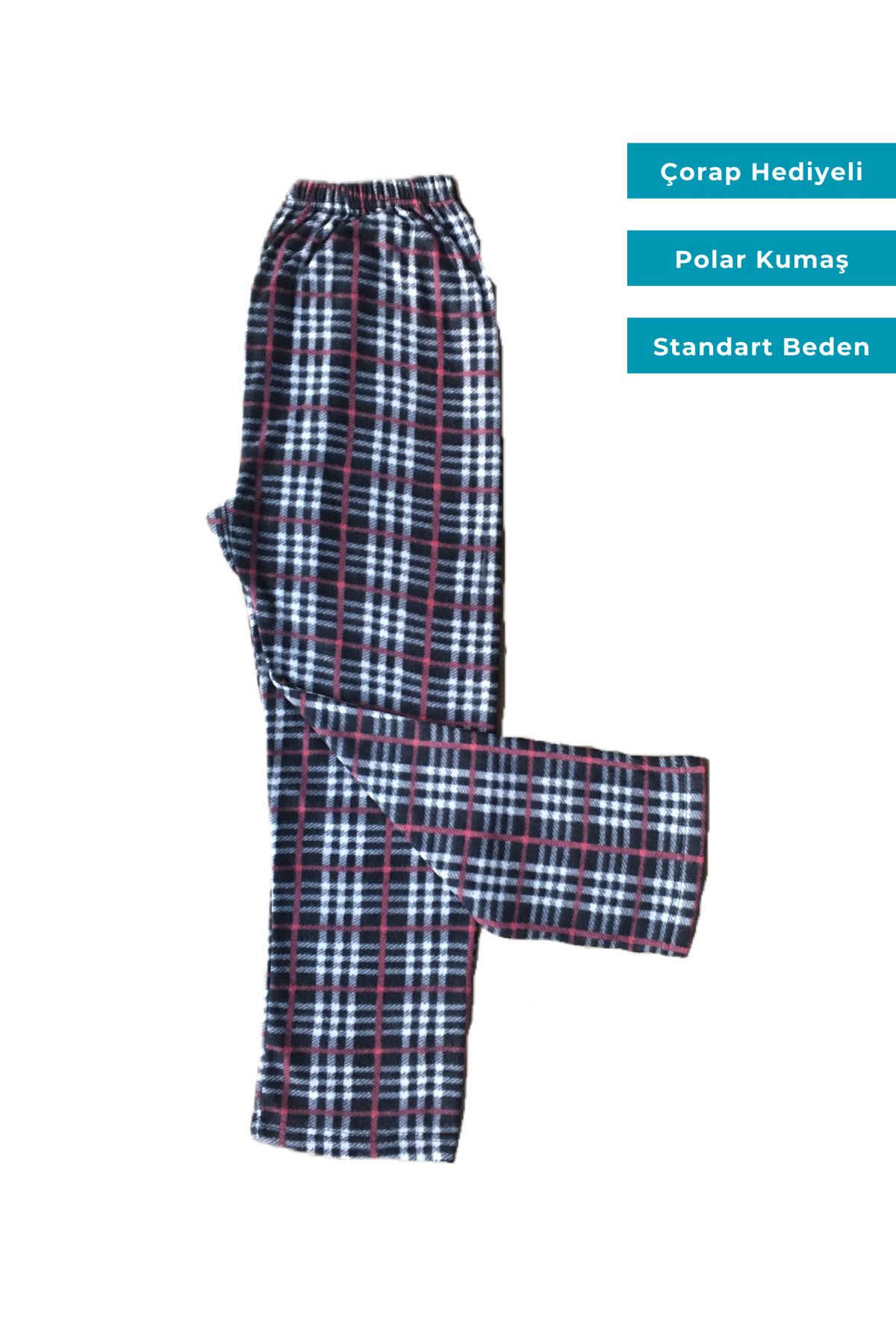 Ece Kadın Ekoseli Kareli Desenli Polar Pijama Alt Standart Battal Beden Çorap Hediyeli