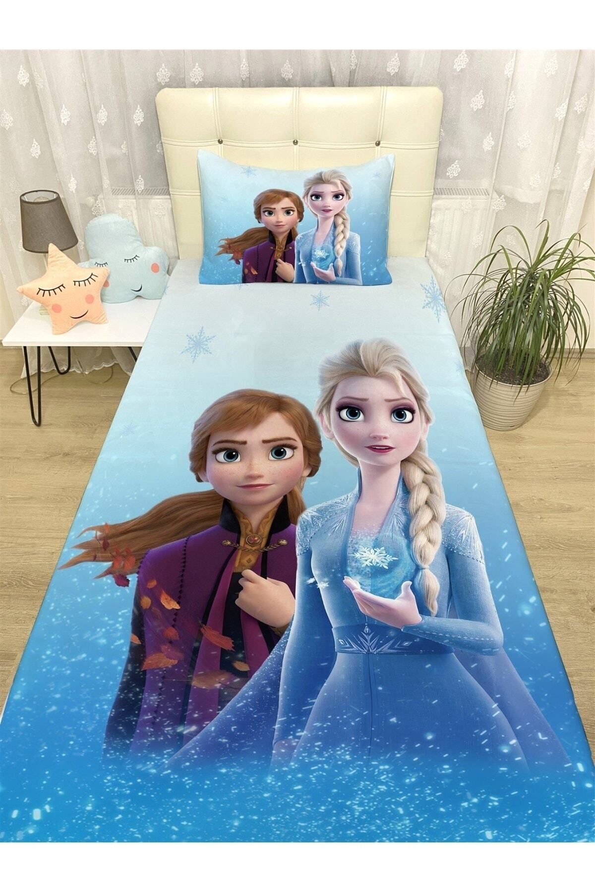 Rual Bebek& Çocuk OdasıMavi Elsa Anna Desenli Yatak Örtüsü Ve Yastık Kılıfı