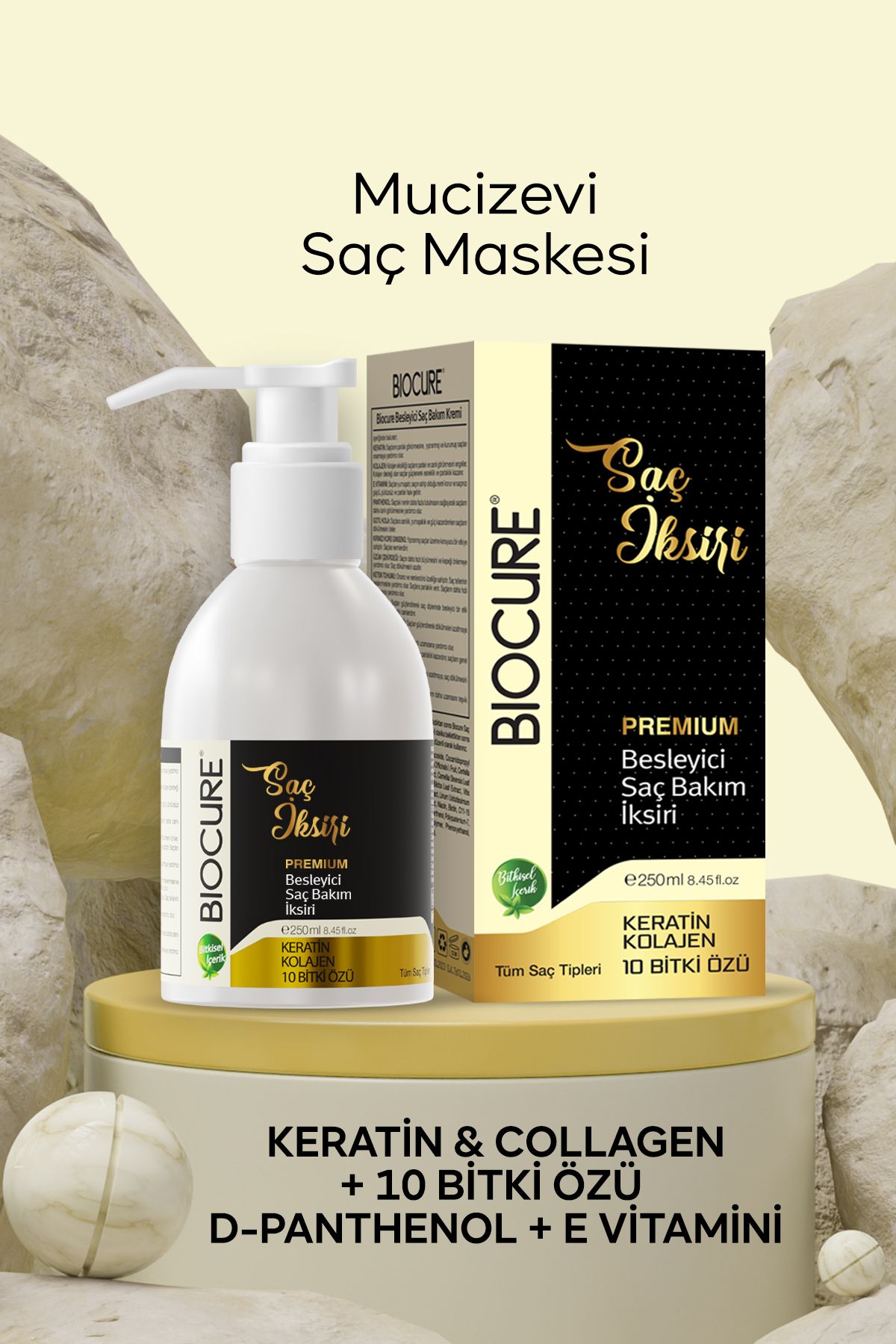 Biocure Saç Saç Iksiri Premium Besleyici Saç Bakım Maskesi Keratin Collagen 10 Bitki Özlü 250ml.