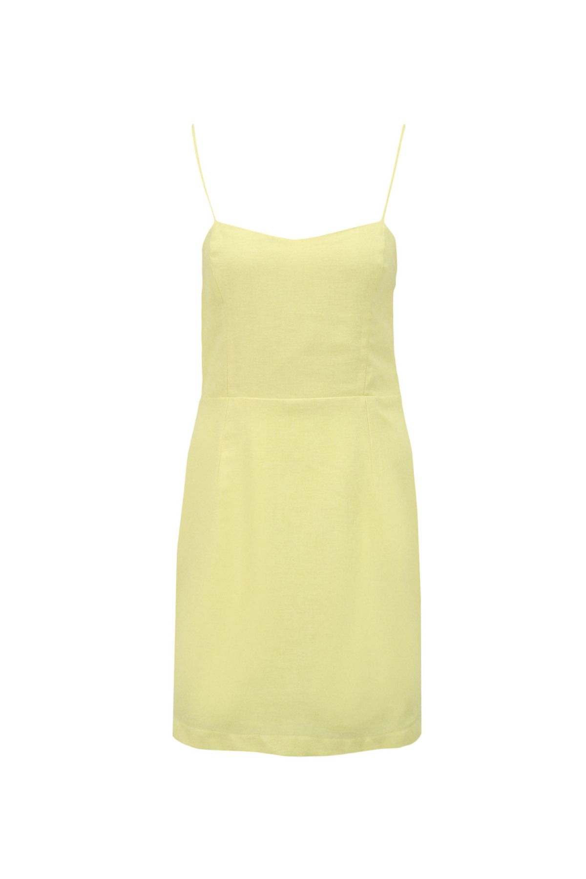 Fabrika Kalp Yaka Düz Sarı Mini Kadın Elbise F4SL-ELB0842