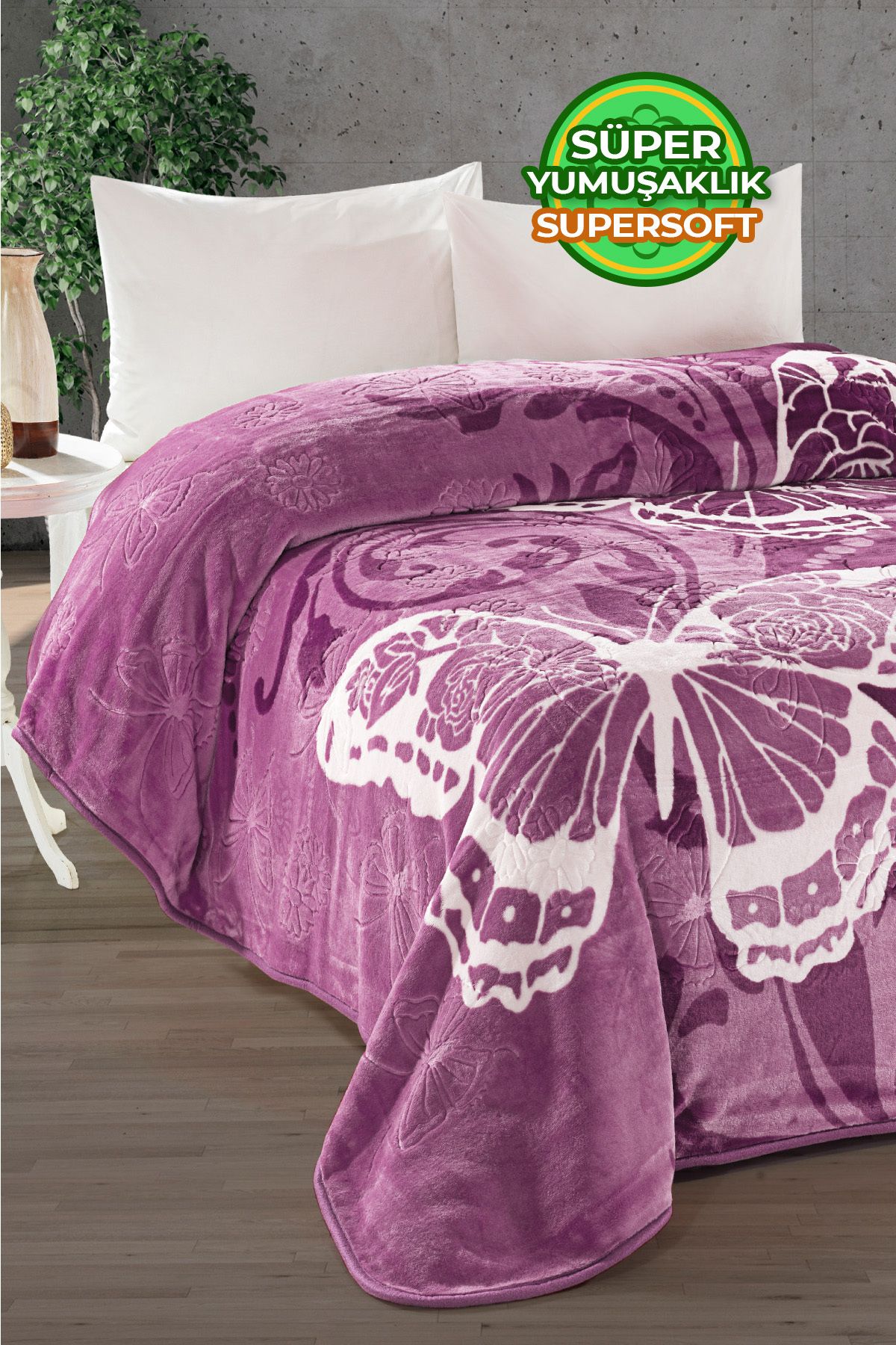 Evlen Home Collection 4 Kg Battaniye Supersoft Embos Kalın Yumuşak Peluş Çift Kişilik Yumoş 220x240 cm Kelebek Lila