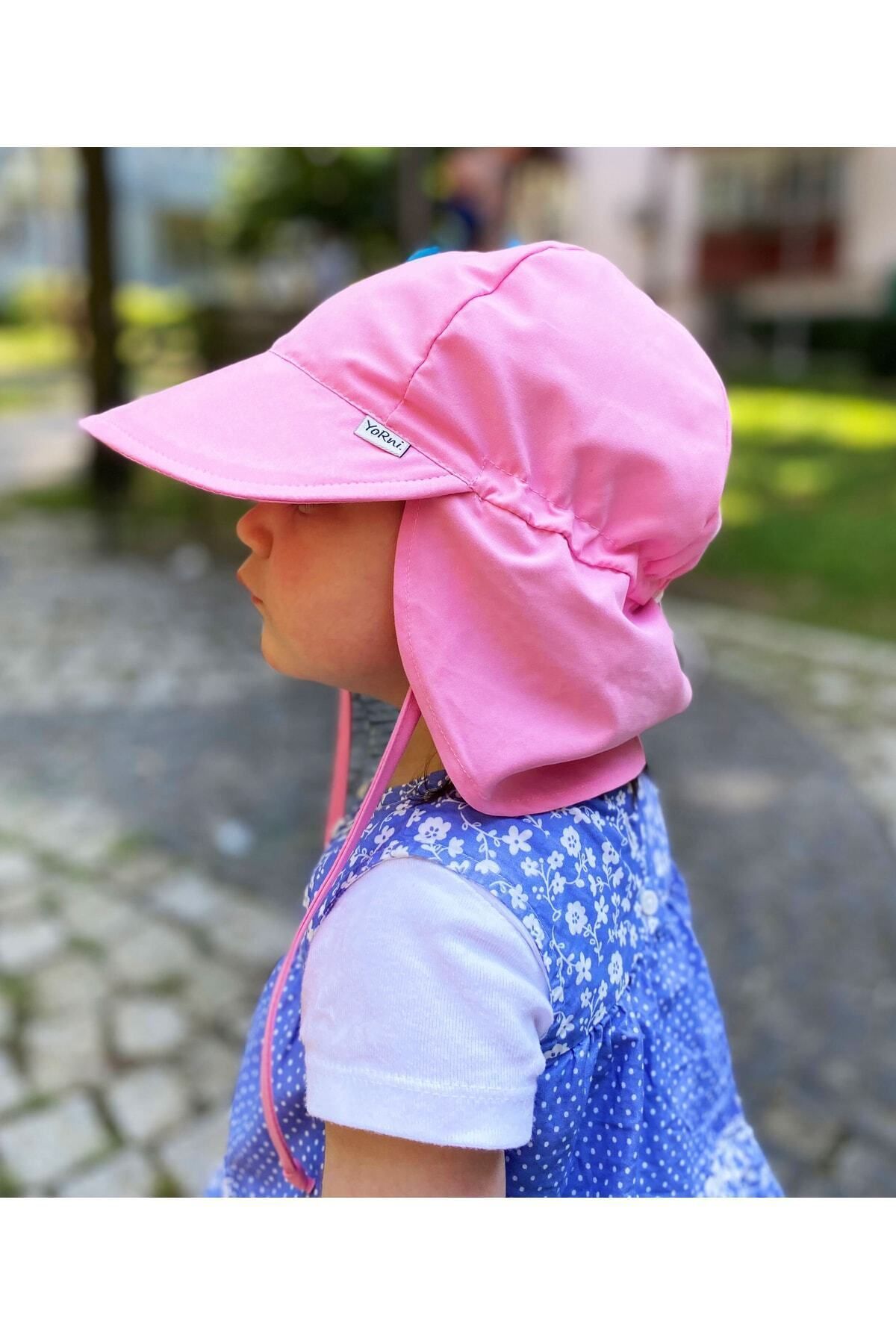yorni Pembe Flap Lejyoner, Ense Korumalı, Boyundan Bağlamalı, Lastikli Ayar Tokalı Çocuk Bebek Güneş Şapka
