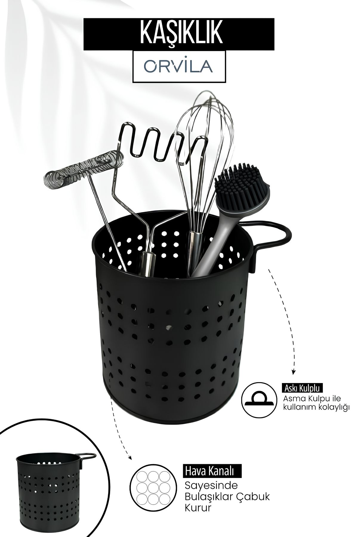 Orvila Siyah Metal Kaşıklık | Delikli Mutfak Tezgah Üstü Çubuğa Asılabilir Çatal Bıçak Kepçelik