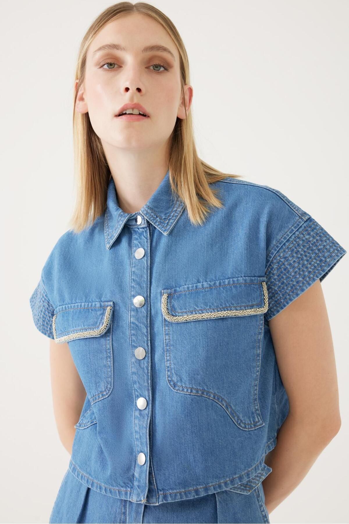 Exquise Jean Görünümlü Cepli Gömlek Tasarımı