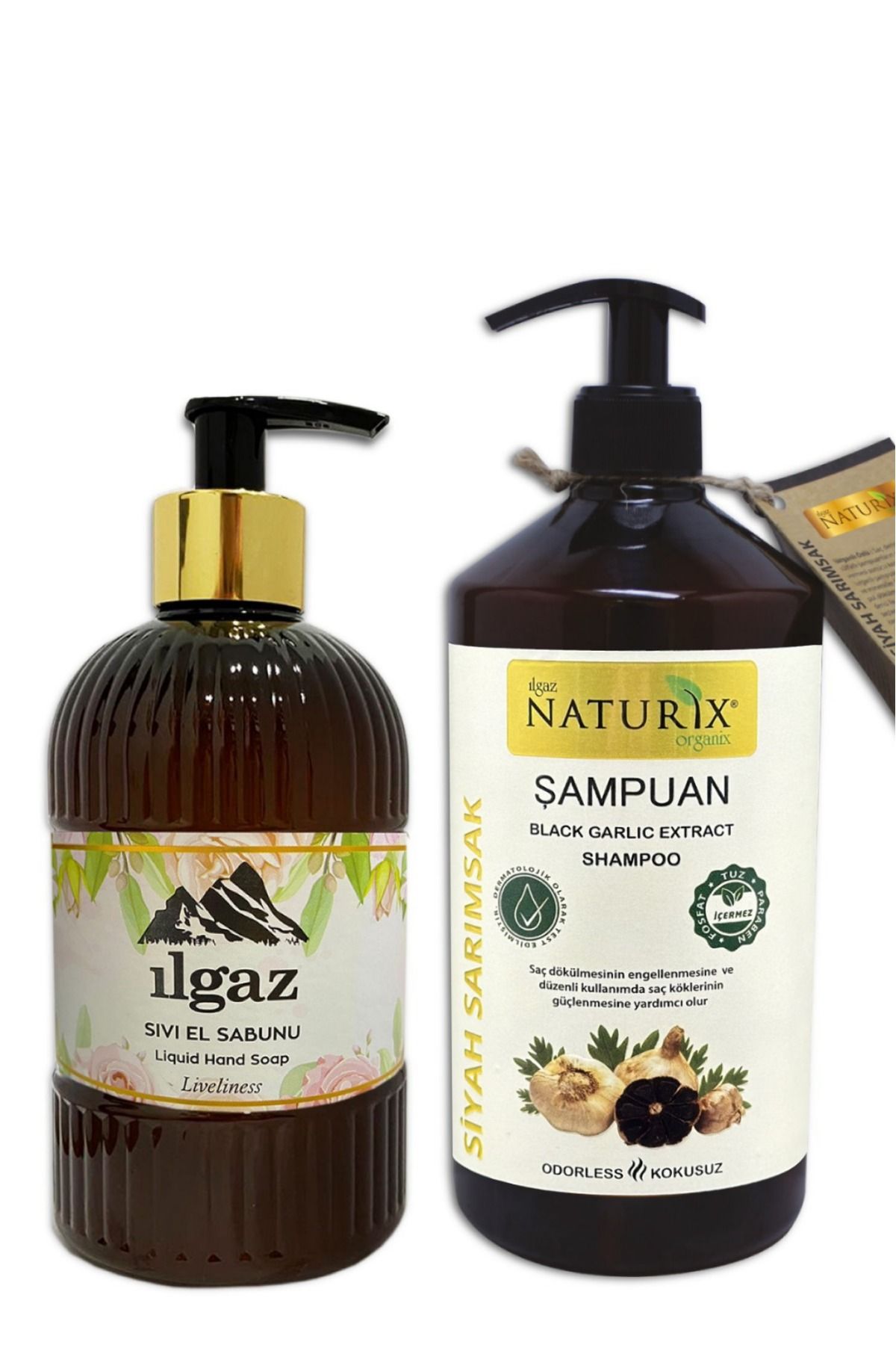 Naturix Tüm Saçlara Doğal Siyah Sarımsak Özlü Şampuan 600 ml  Pudra Kokusu Nemlendirici Sıvı Sabun 475 ml