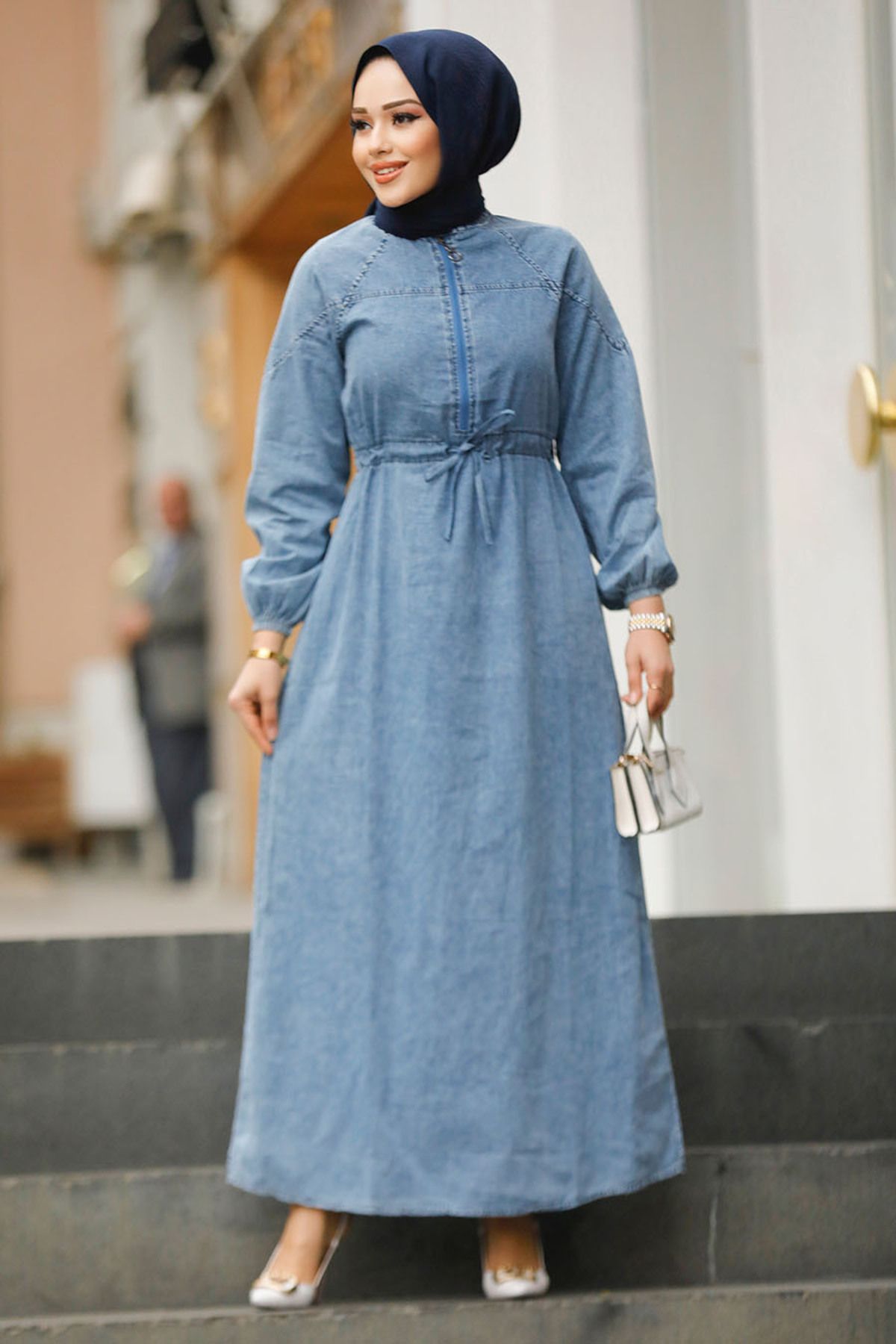 Neva Style Fermuarlı Mavi Tesettür Kot Elbise 19106M