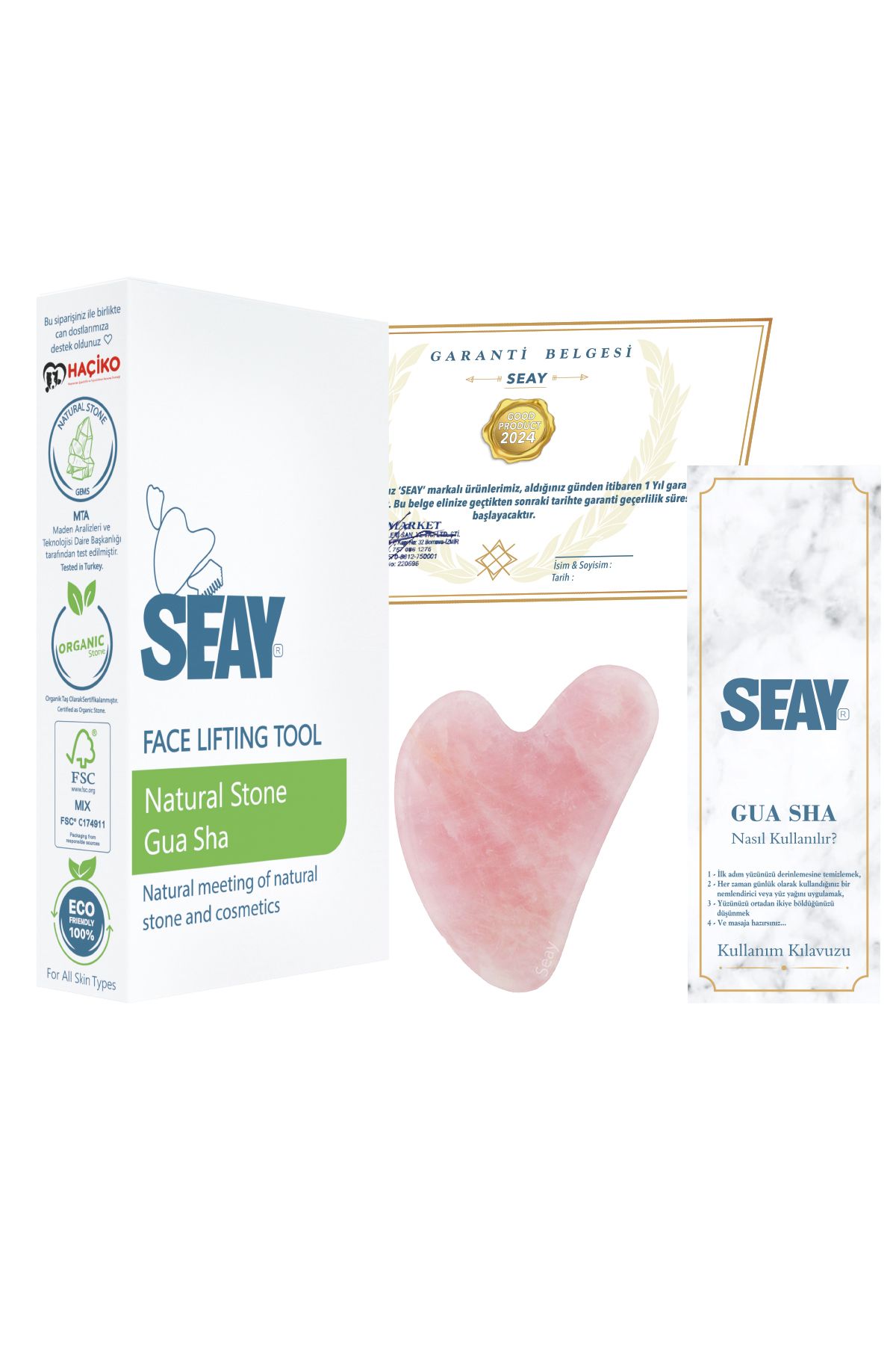 Seay Mini Pembe Kuvars Kalp Gua Sha Masaj Aleti Doğal Taş Sertifikalı
