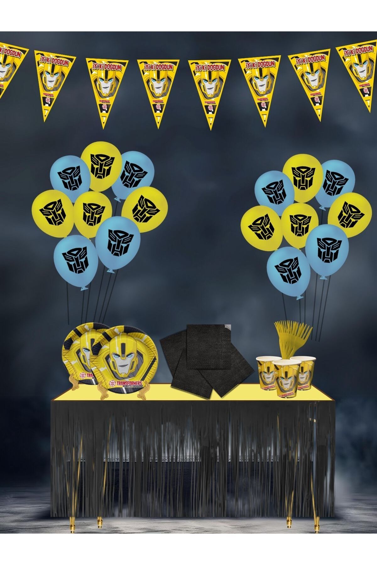 transformers Bumblebee Metalize Masa Etekli 8 Kişilik Doğum Günü Parti Malzemeleri Süsleri Seti Etklst