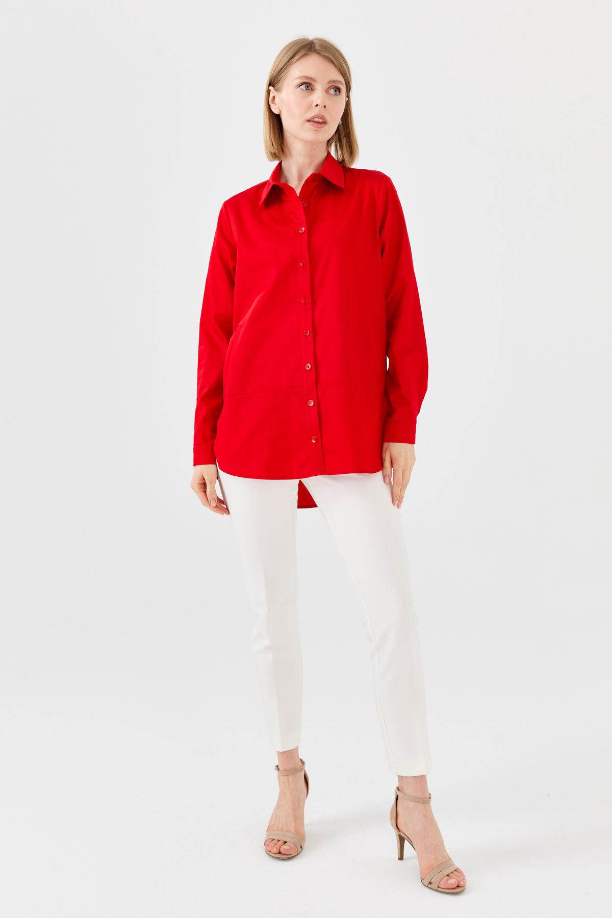 Desen Triko Kadın Yanları Cepli Pamuklu Gömlek Kırmızı