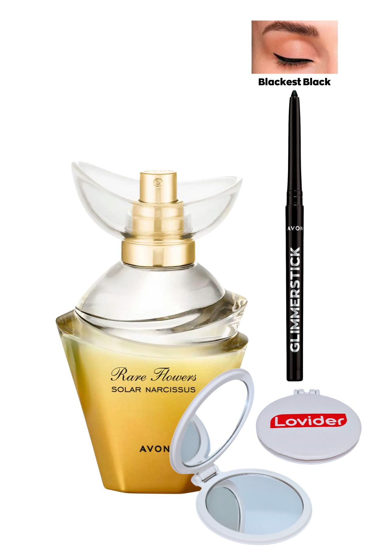 Avon Rare Flowers Solar Narcissus Kadın Parfüm + Siyah Göz Kalemi + Lovider Cep Aynası