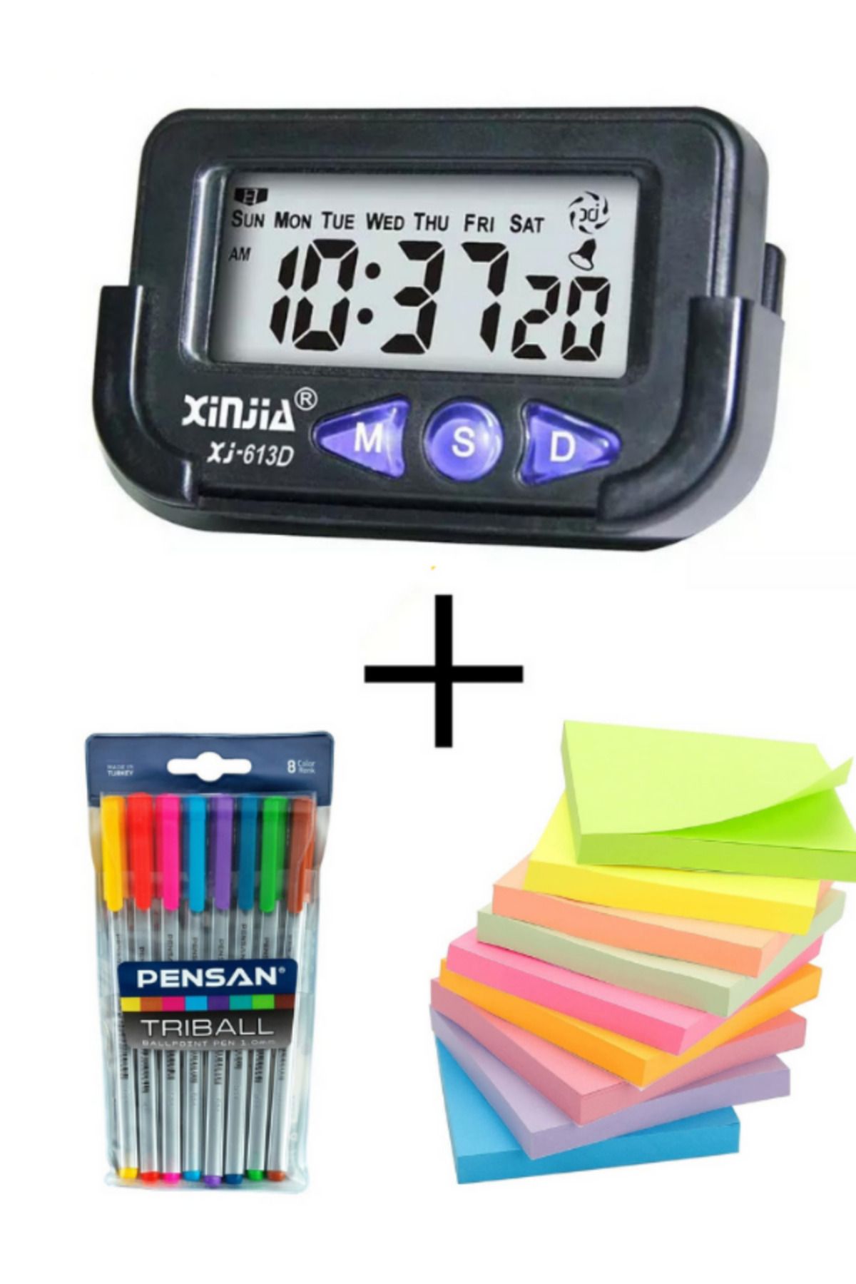 Genel Markalar Siyah Dijital Alarmlı Saat Kronometre + 8 Adet Tükenmez Kalem + 4 Adet Yapışkanlı Post-it