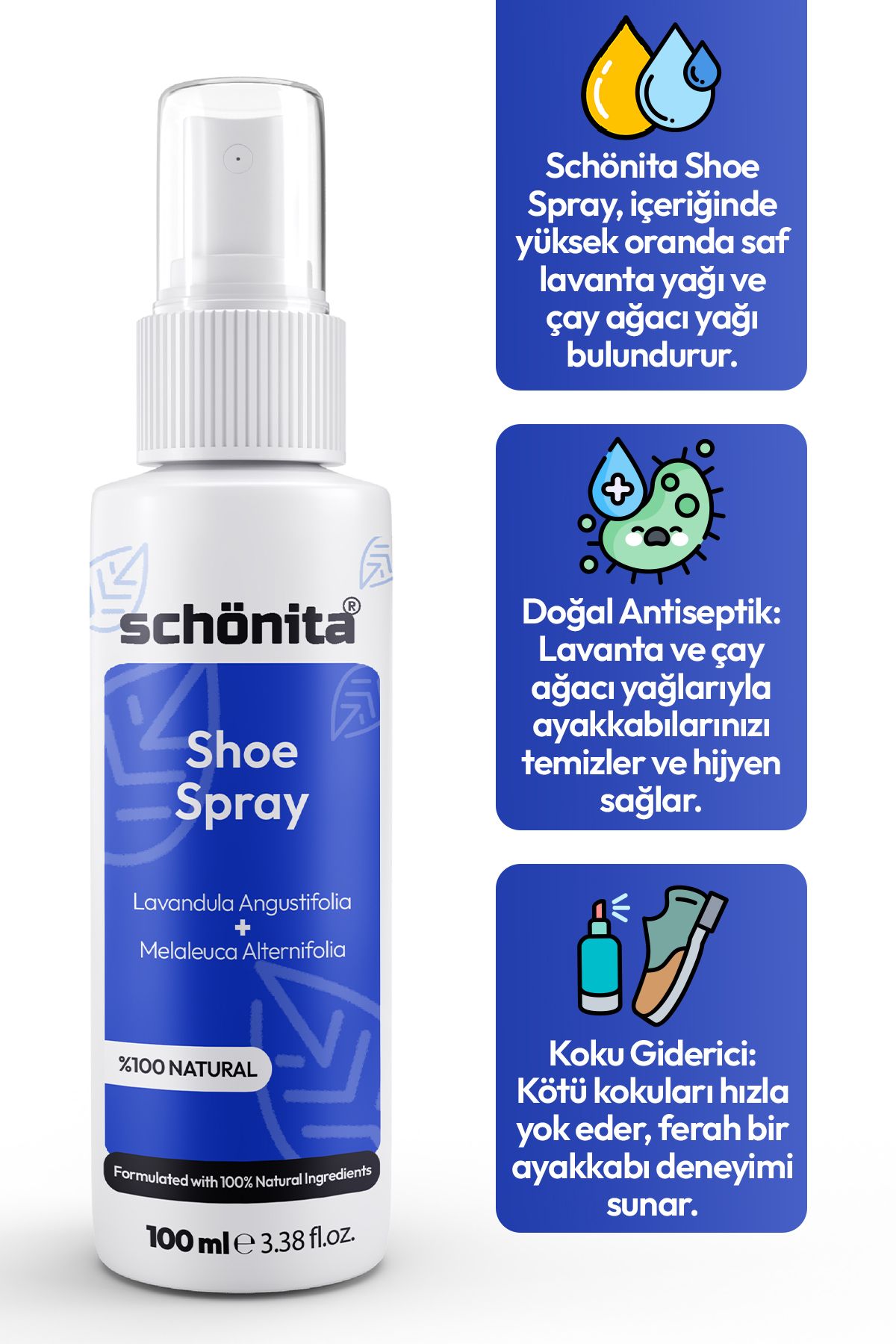 SCHÖNİTA Lavanta ve Çay Ağacı Yağı İçerikli Koku Önleyici Ayak Spreyi - Shoe Spray - 100ml