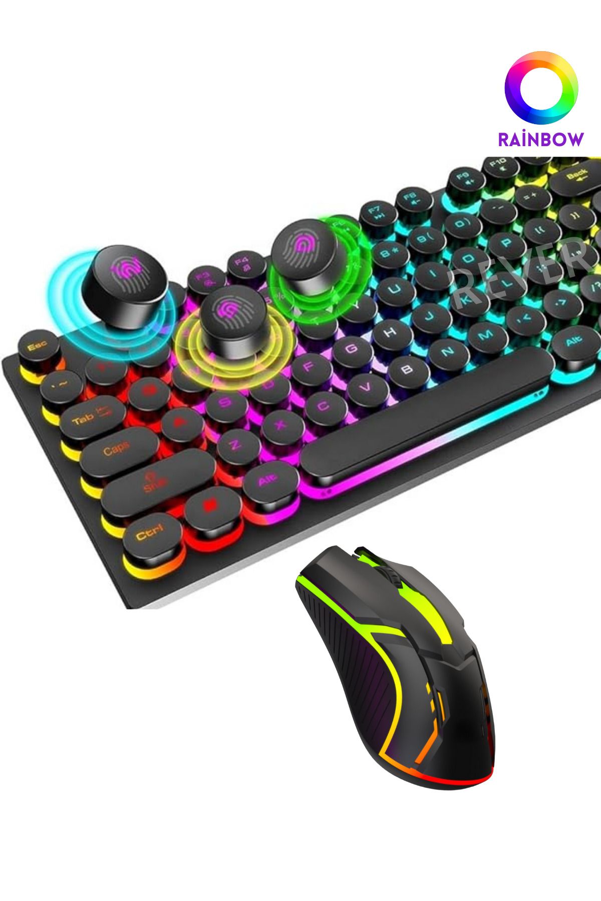 Rever Rainbow Led Işıklı Daktilo Tuş Tasarımlı Gaming Oyuncu Klavye Mouse Seti