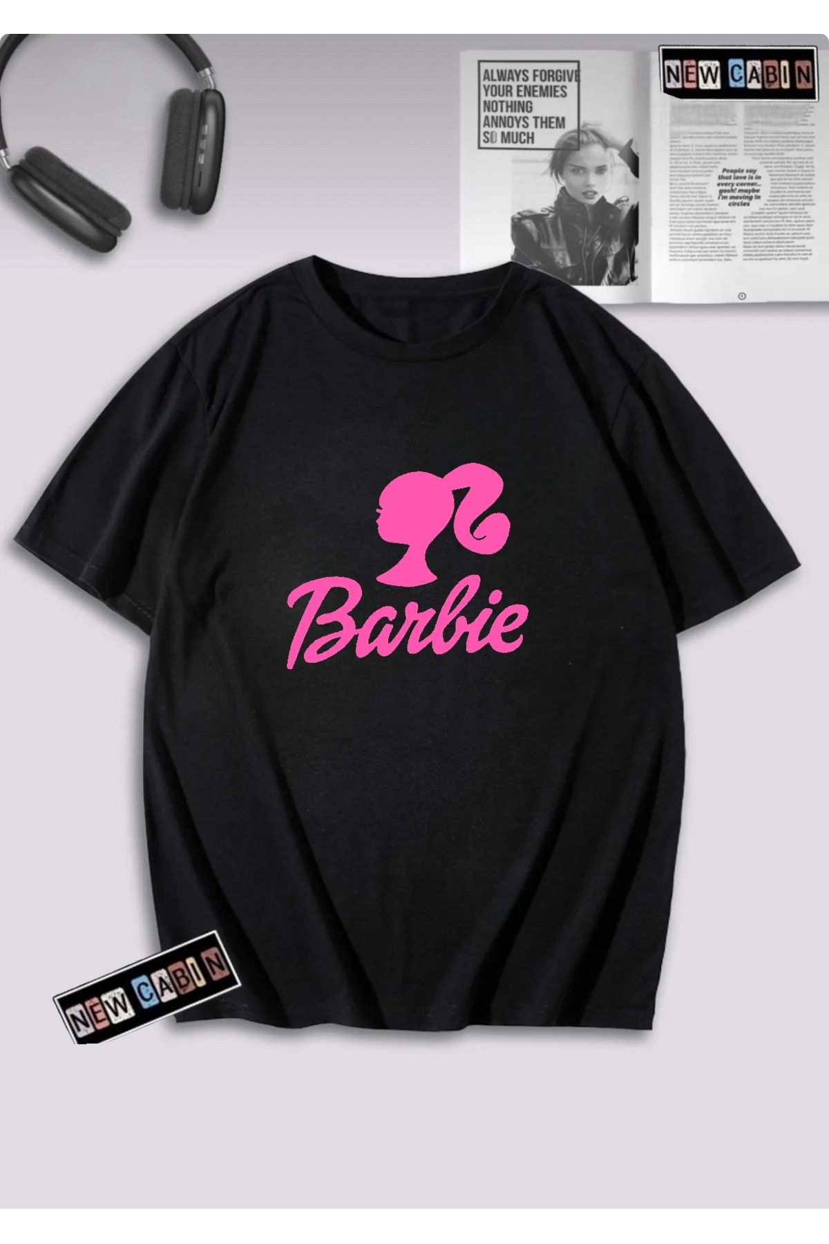 NewCabin Yeni Sezon Kadın Pamuklu 30/1 A Kalite Kumaş Ön Barbie Baskılı Oversize T-shirt