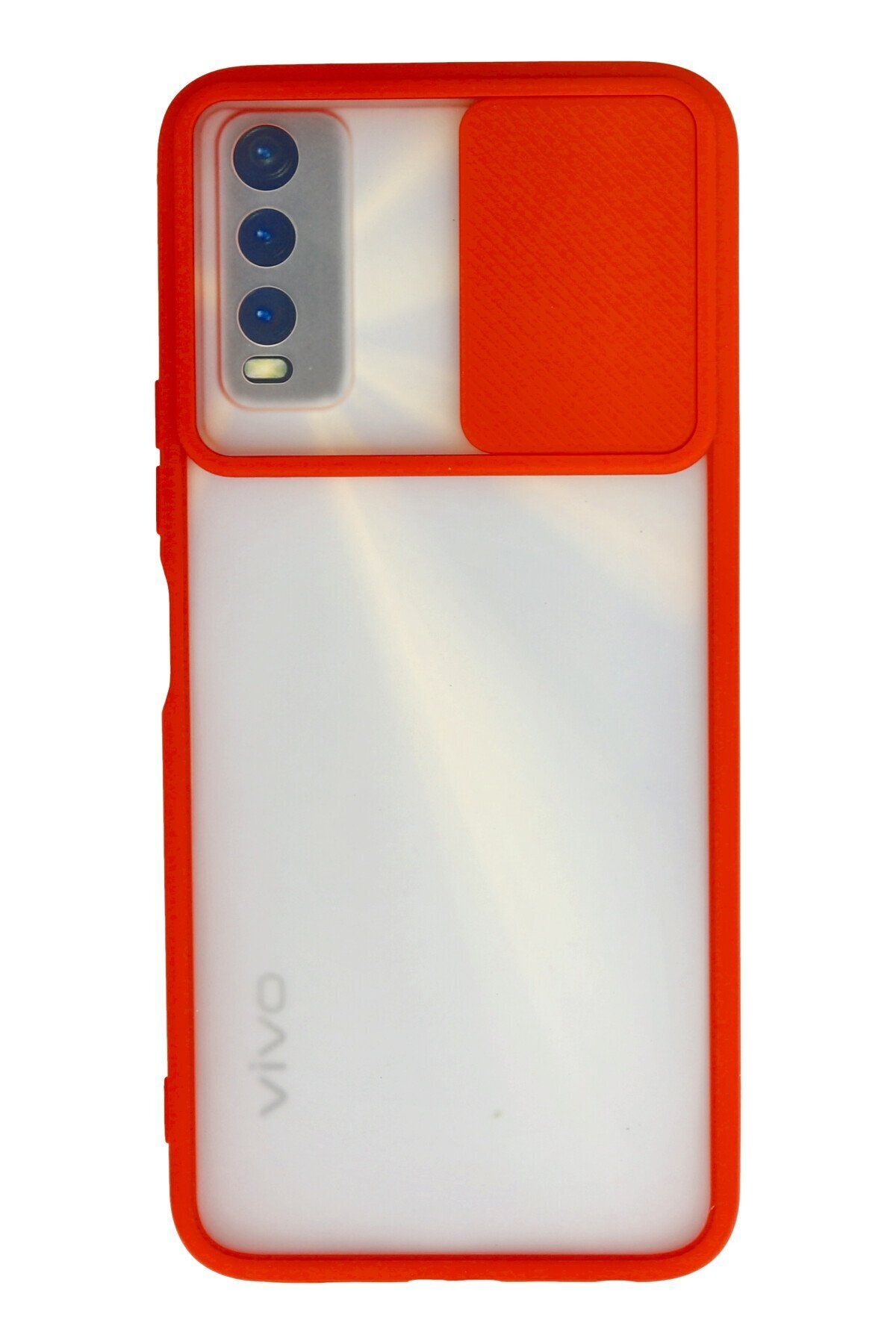 cepmoda Vivo Y20 Kırmızı Renk Kamera Sürgülü Telefon Kılıfı - Buzlu Mat Kapak