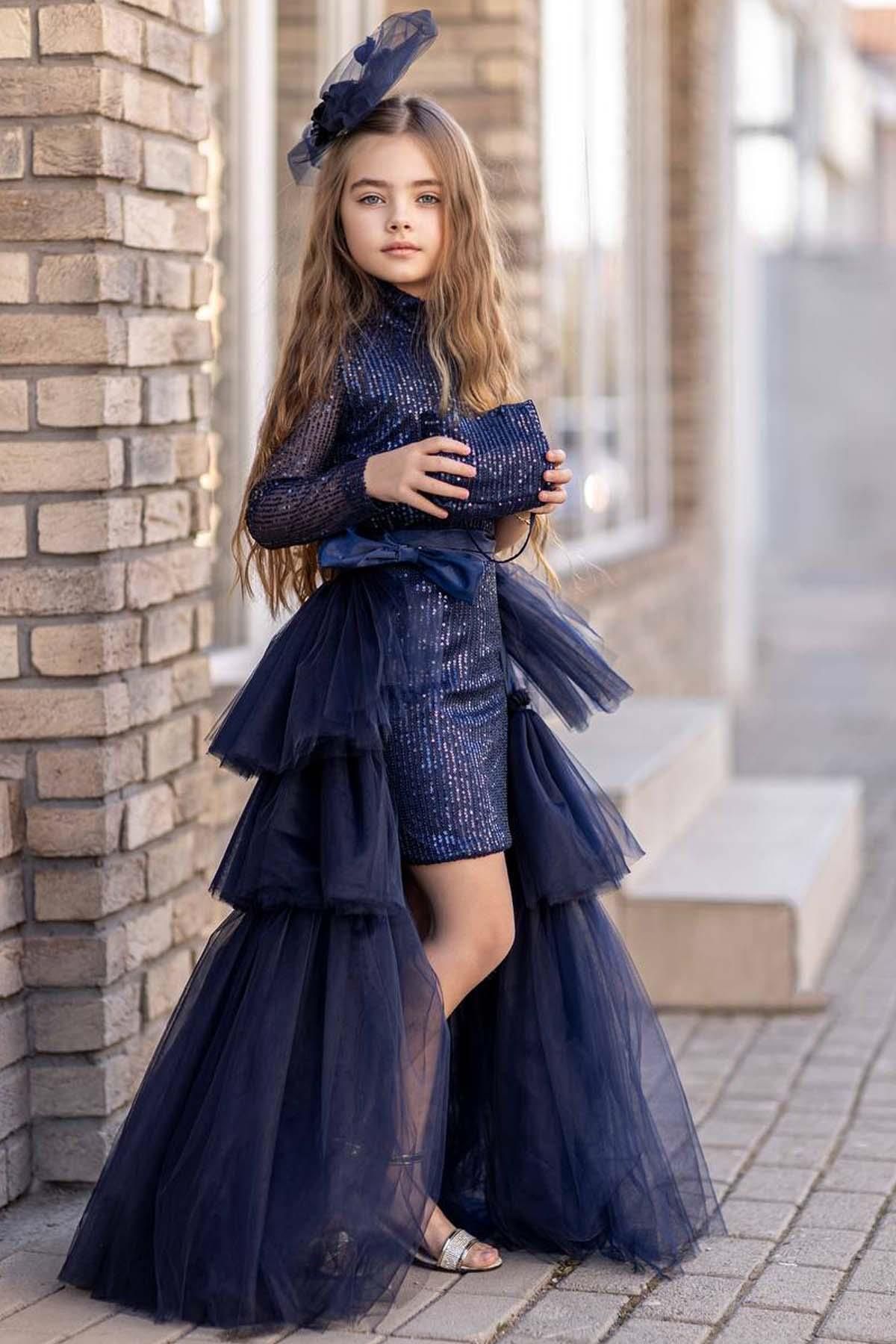 Riccotarz Kız Çocuk Pulpayet işlemeli Tek Omuzlu Kuyruklu Lacivert Elbise