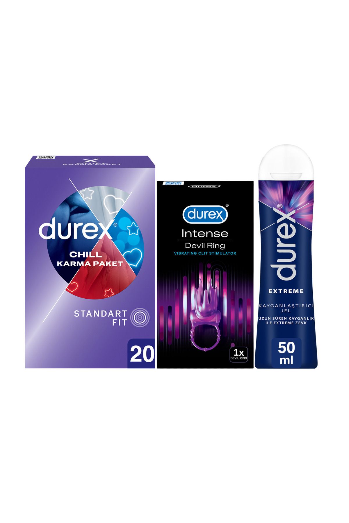Durex Chill Karma Prezervatif 20’li + Little Devil Titreşimli Halka + Extreme Jel 50 ml