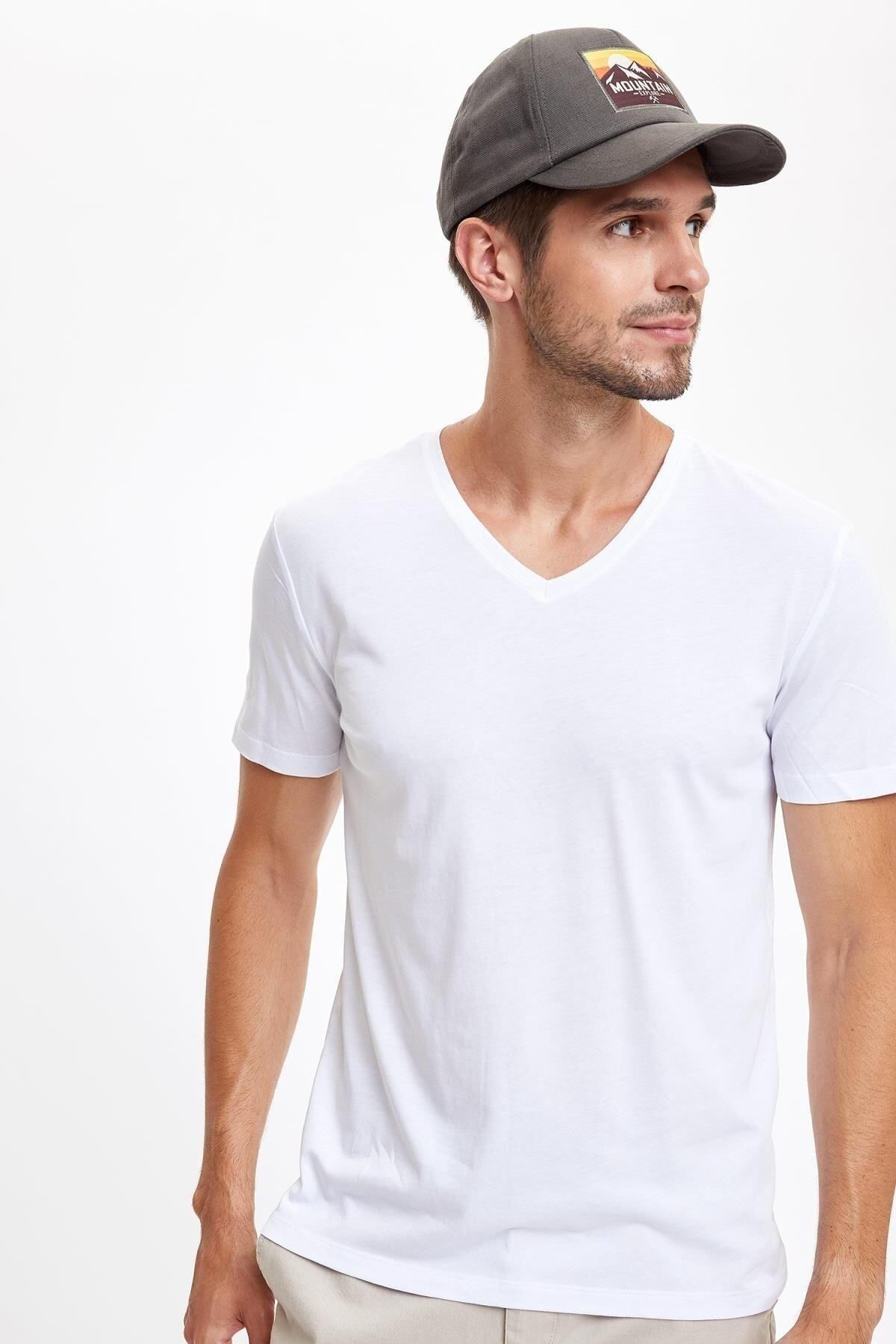 Defacto Slim Fit V Yaka Basic Premium Kalite Beyaz Tişört