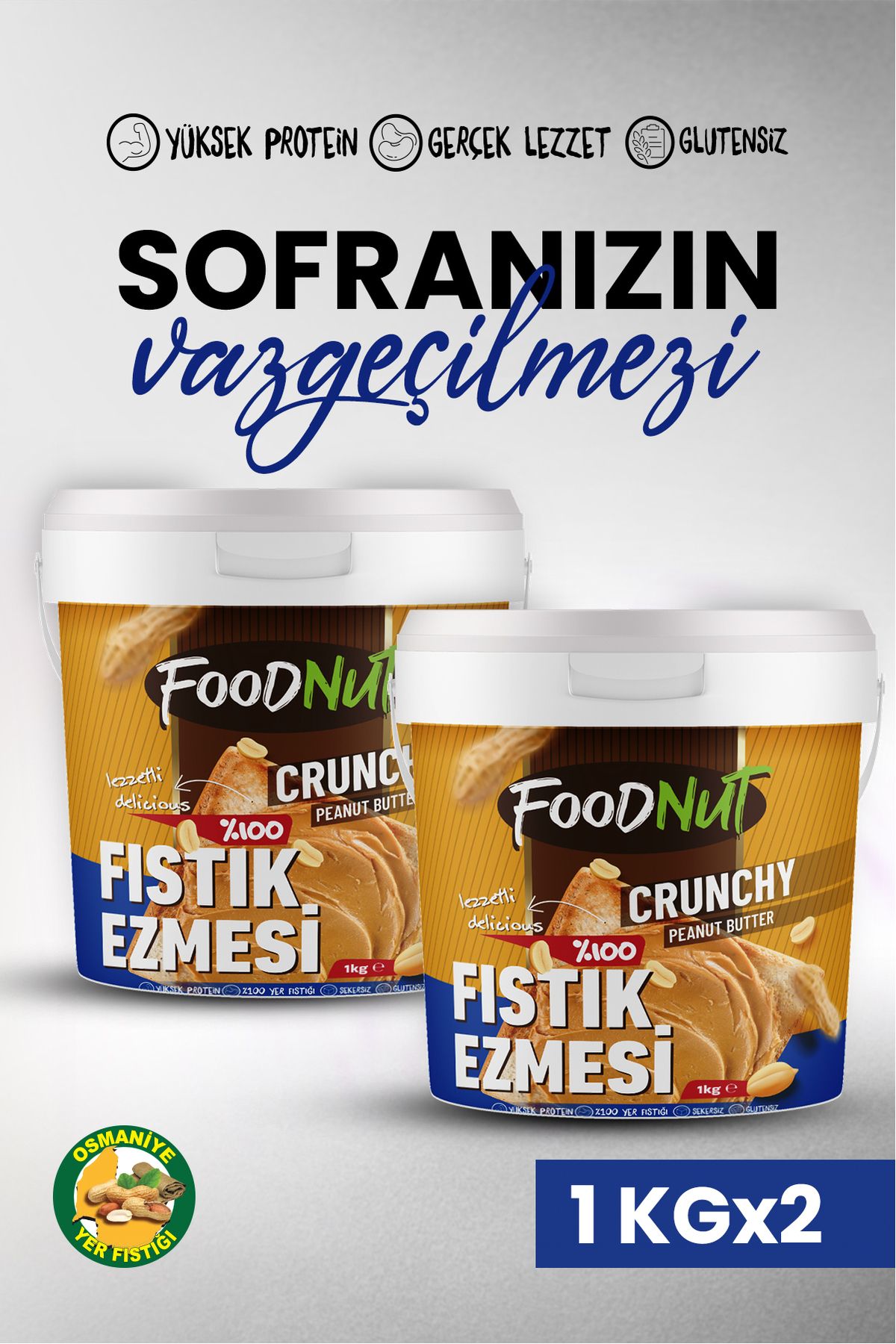 FoodNut %100 Şekersiz Sporcu Dostu Fıstık Ezmesi 2 Li %100 Şekersiz Yer Fıstığı Ezmesi 2 Kg