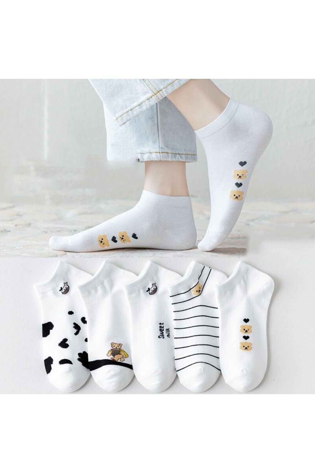 çorapmanya 5 Çift Panda / Inek Desenli Beyaz Desenli Kadın Patik Çorap