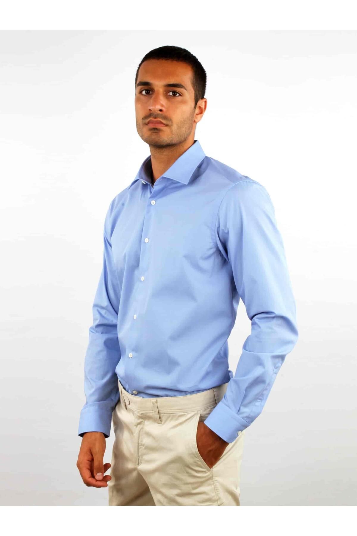 Dufy Mavi Erkek Slim Fit Düz Klasik Yaka Uzun Kol Gömlek - 40506