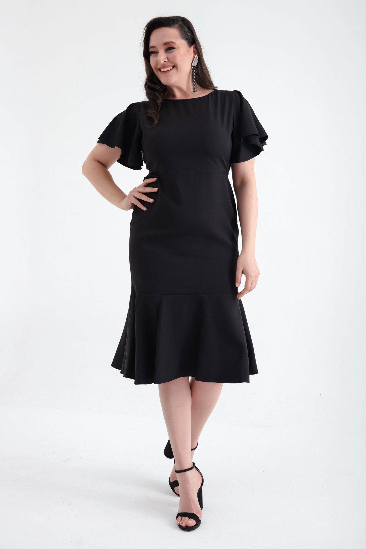 Lafaba Kadın Siyah Büyük Beden Volanlı Elbise