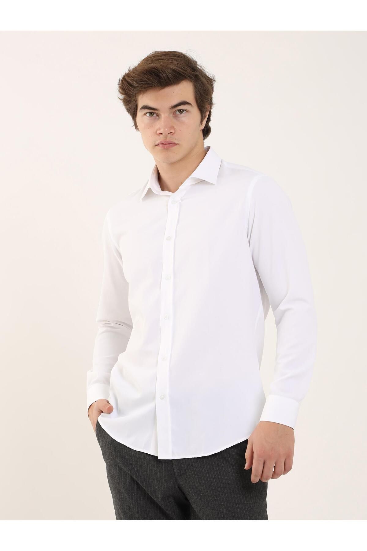 Dufy Beyaz Erkek Slim Fit Düz Klasik Yaka Uzun Kol Gömlek - 93975