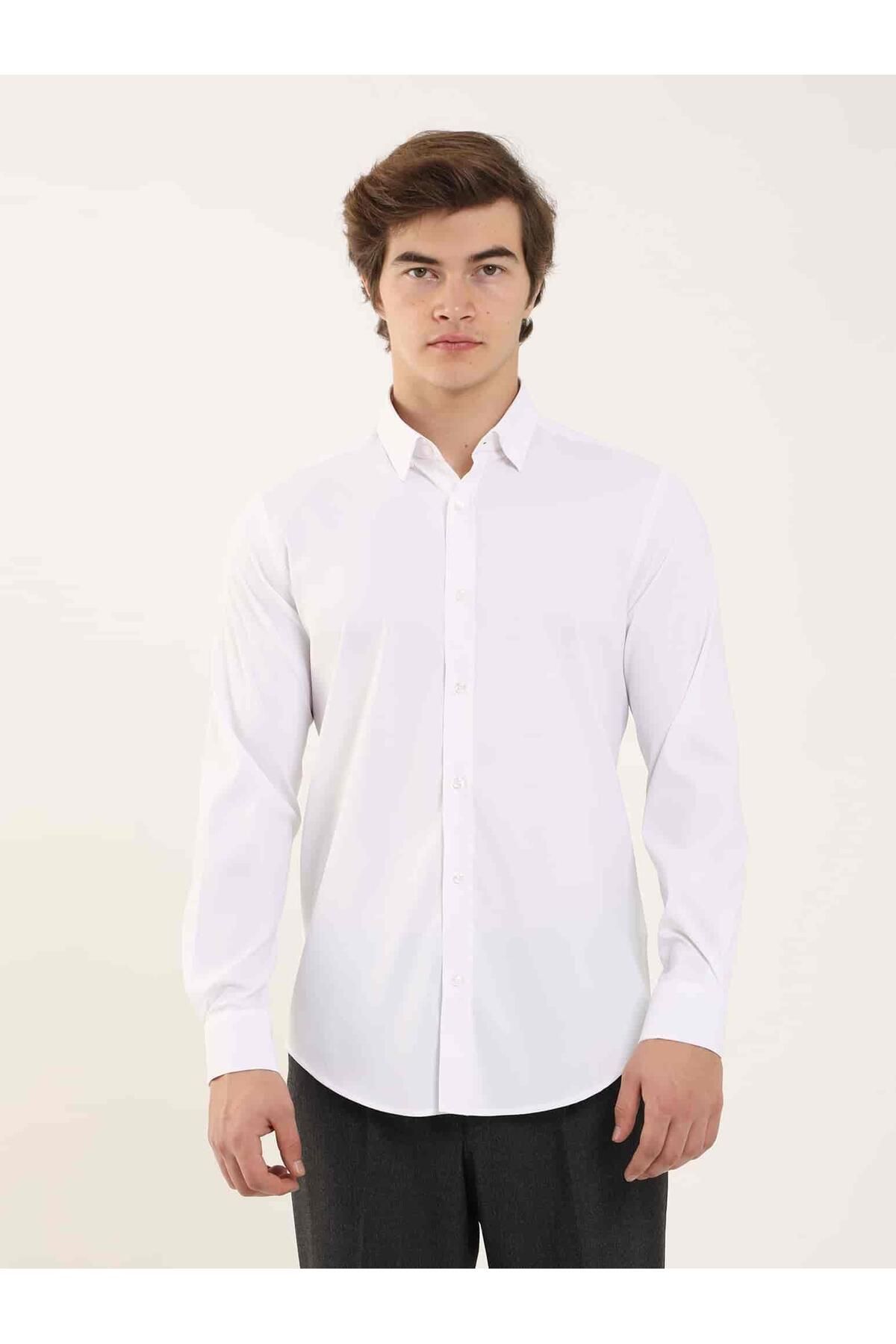 Dufy Beyaz Erkek Slim Fit Kareli Alttan Düğmeli Yaka Uzun Kol Gömlek - 97906