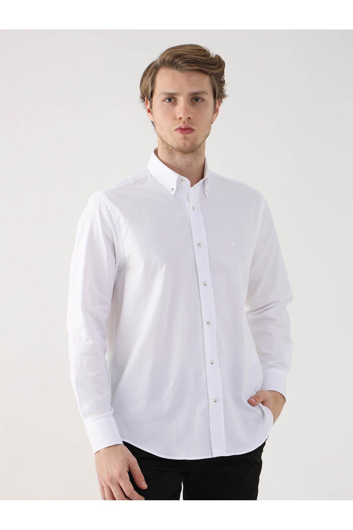 Dufy Beyaz Erkek Regular Fit Oxford Brent Düğmeli Yaka Uzun Kol Gömlek - 94827
