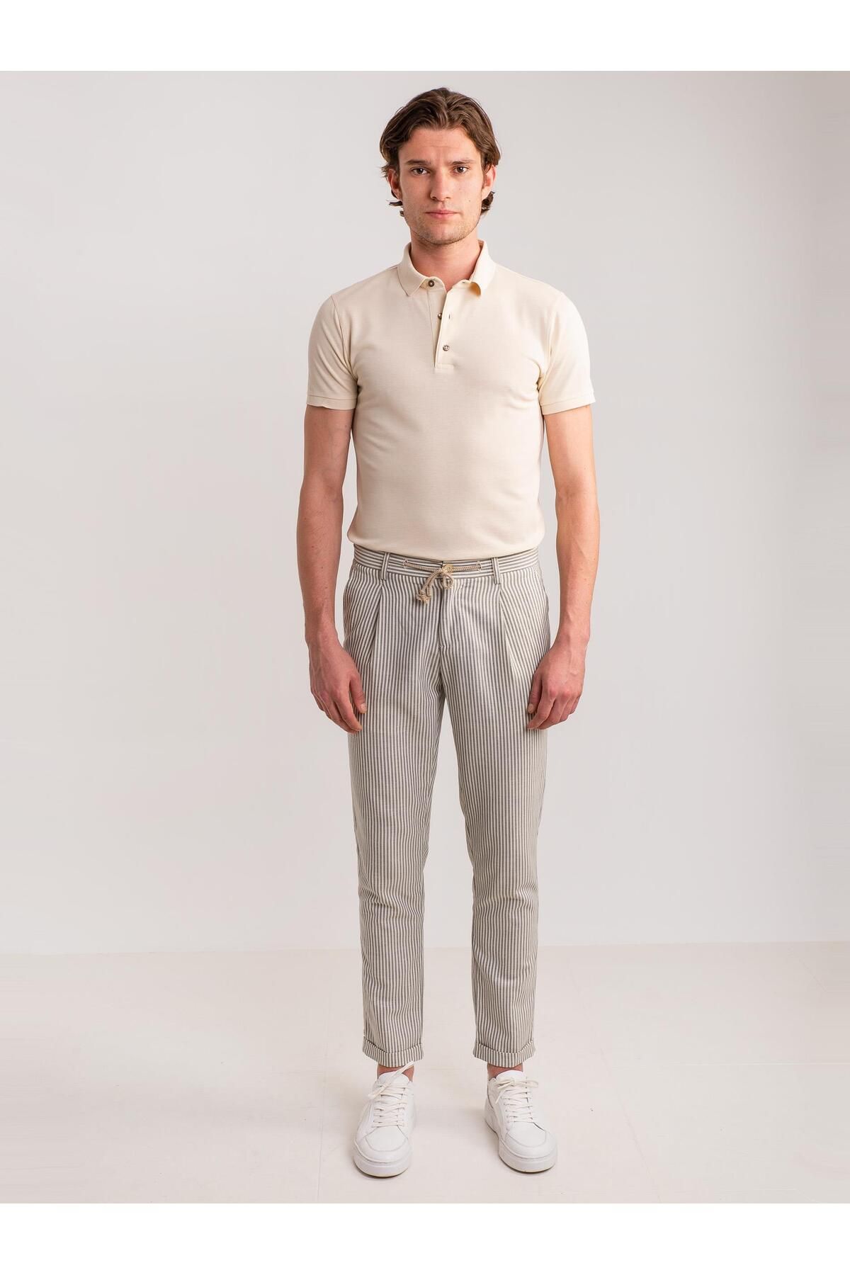 Dufy Haki Erkek Modern Fit Çizgili Casual Pantolon - 61779