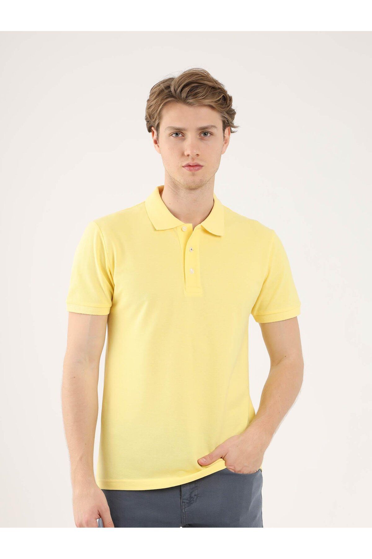 Dufy Sarı Erkek Regular Fit Düz Pamuklu Polo Yaka Tshirt - 89040