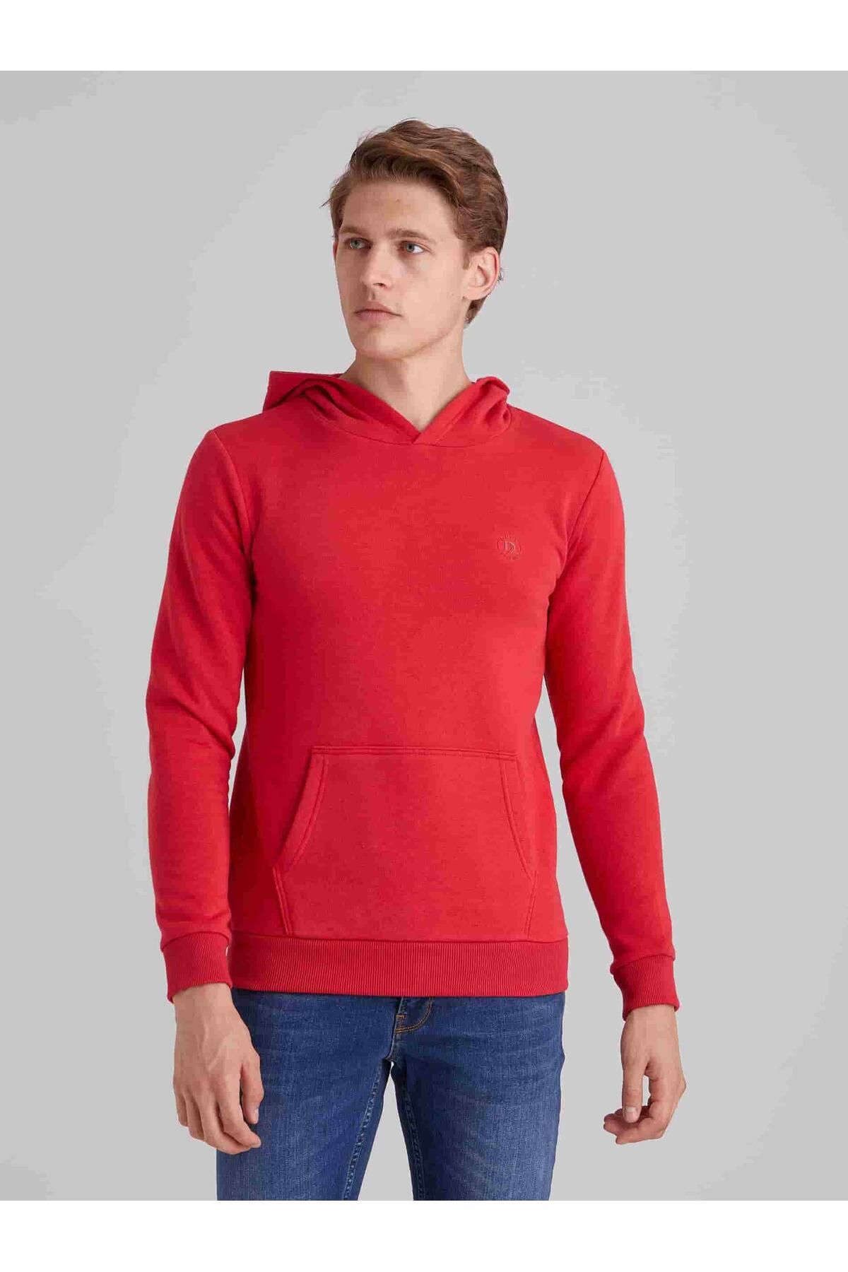 Dufy Kırmızı Erkek Regular Fit Düz Pamuklu Kapüşonlu Sweatshirt - 65444