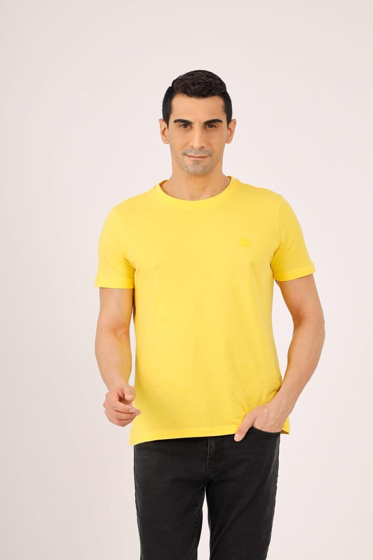 Dufy Sarı Erkek Slim Fit Düz Pamuklu Bisiklet Yaka Tshirt - 92723