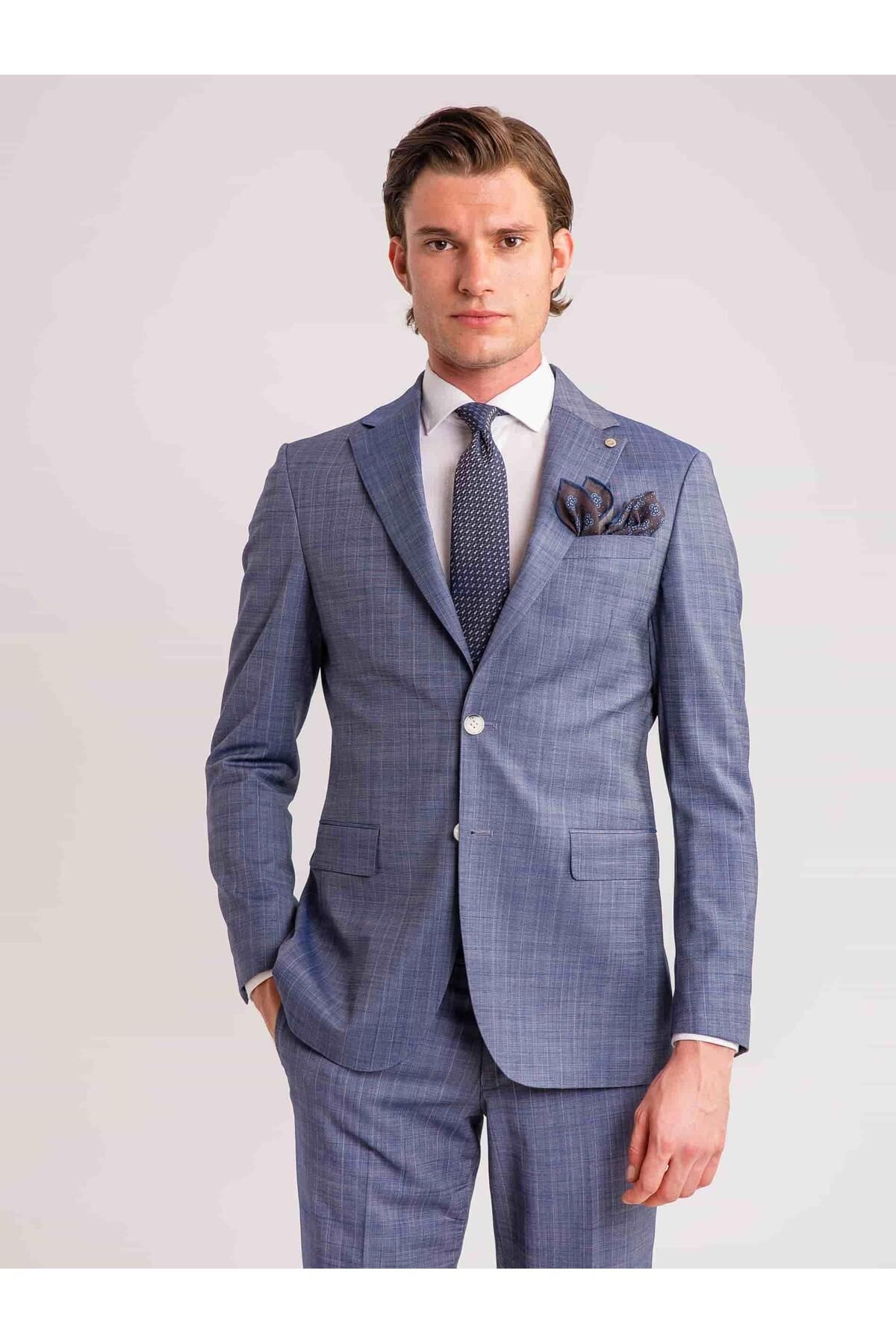Dufy Mavi Erkek Modern Fit Çizgili Klasik Sivri Yaka Takım Elbise - 58839