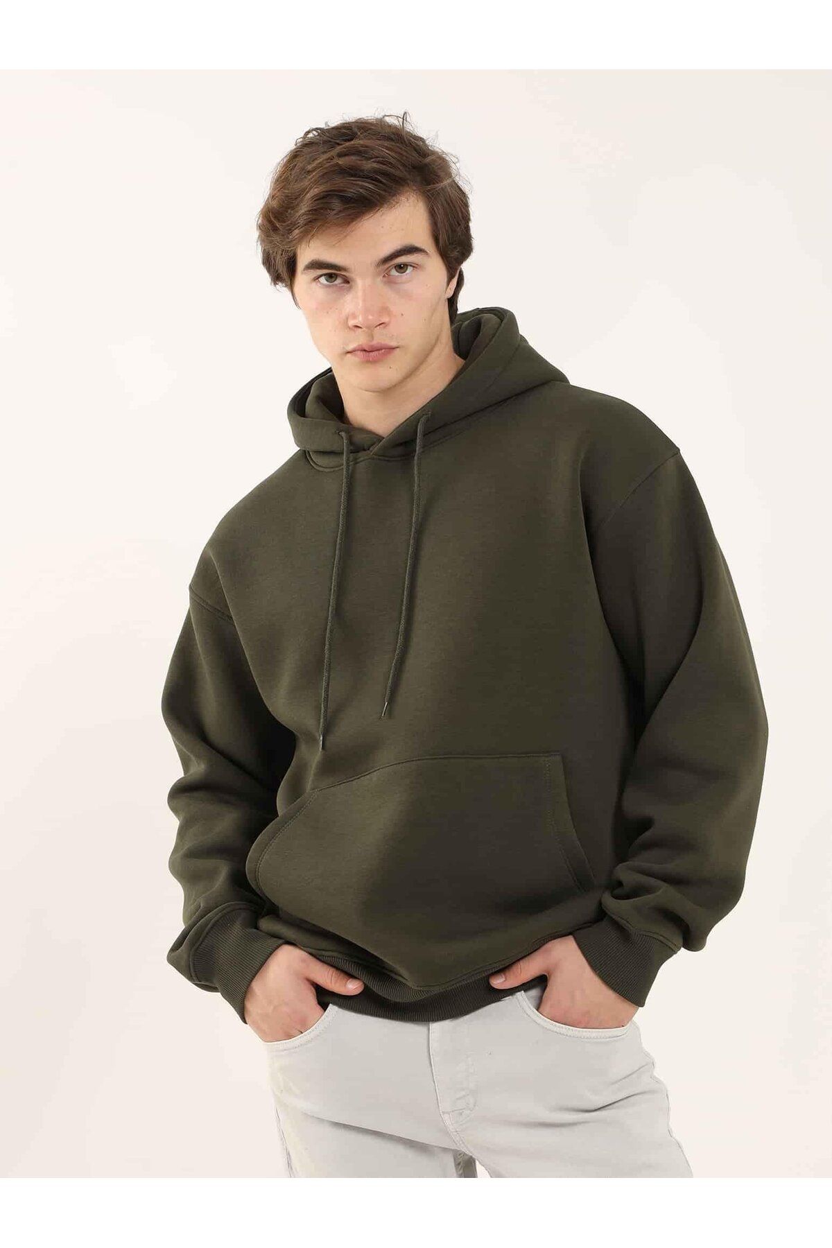 Dufy Haki Erkek Oversize Düz Pamuklu Kapüşonlu Sweatshirt - 103717